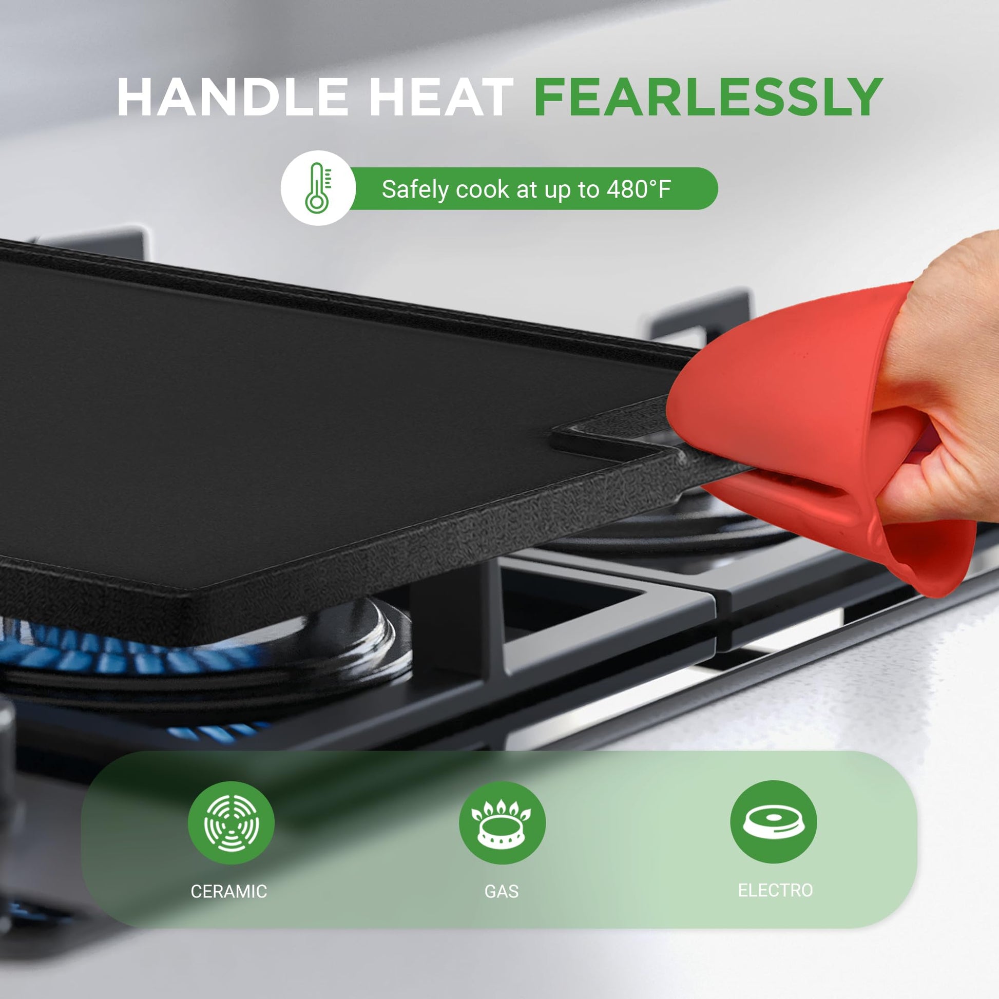 Plancha Reversible de Hierro Fundido NutriChef Roja para Cocina de Gas y Eléctrica con Guante de Silicona