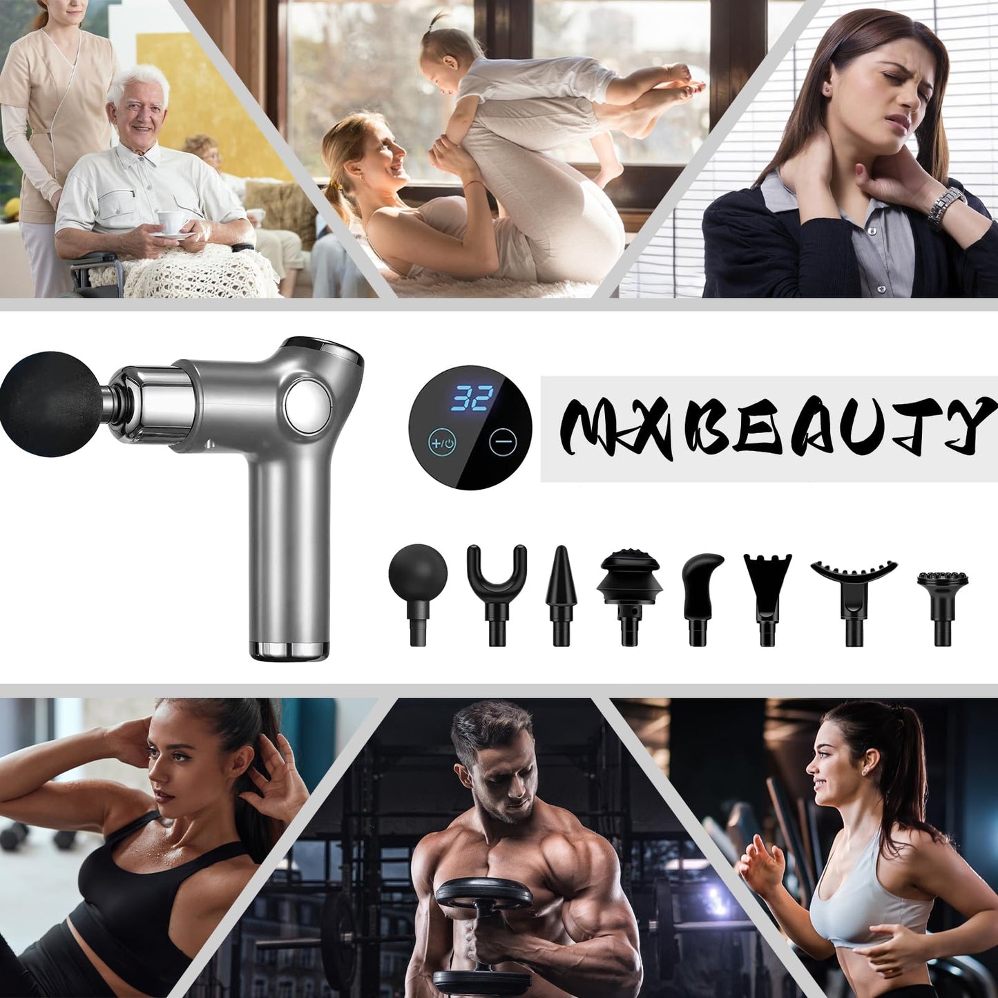 Pistola de Masaje Muscular,Pistola Masajeadora de Tejido Profundo,Máquina de Masaje Espalda Portátil,Hand-Held Massage Gun con 32 Niveles Ajustables y 8 Cabezales,USB Recargable,Súper Silencioso,Plata