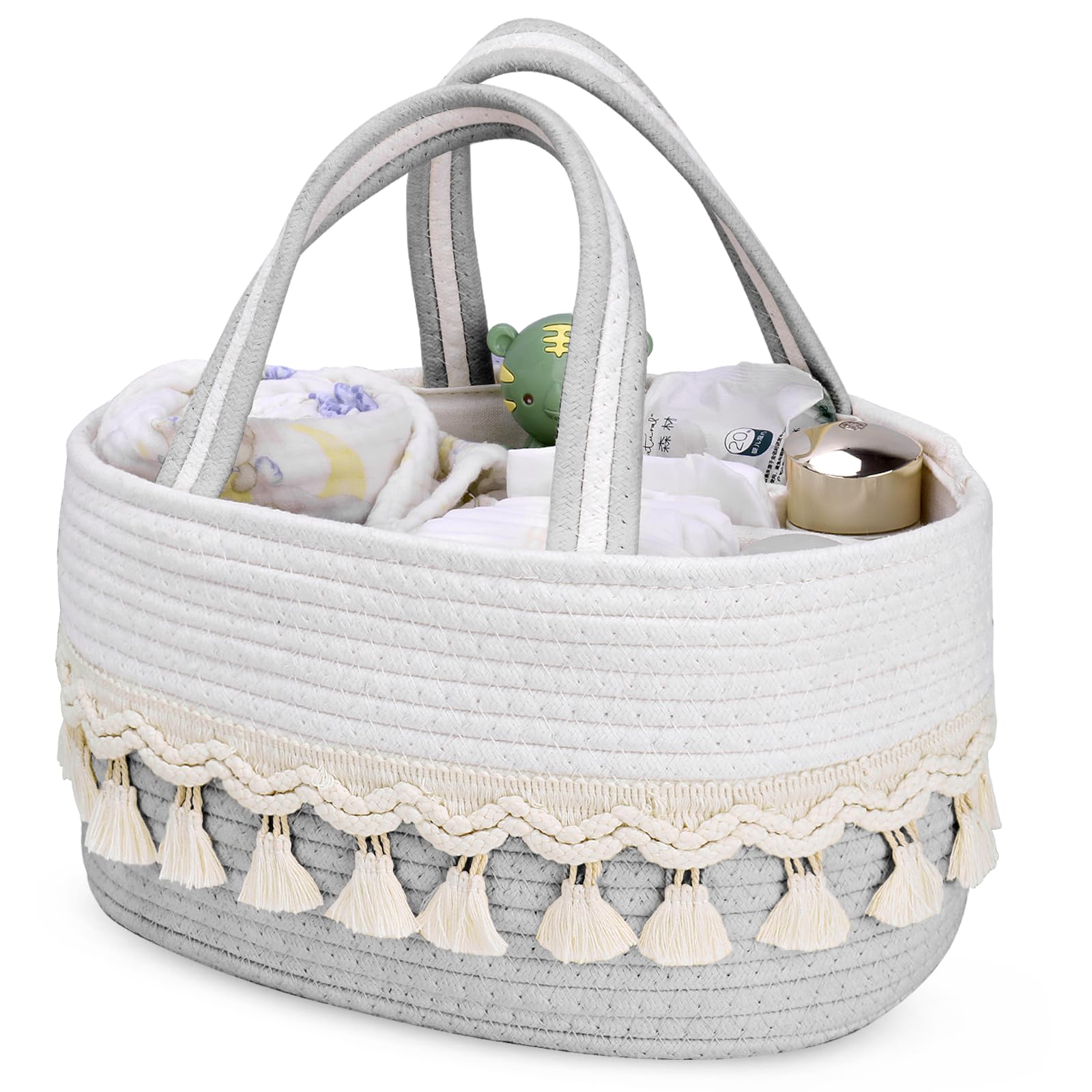 TUWEIPAIKE Organizador de pañales, elegante cesta de almacenamiento de guardería, cesta de baby shower con aspecto decorativo de borla, cesta de almacenamiento portátil adecuada para viajes familiares