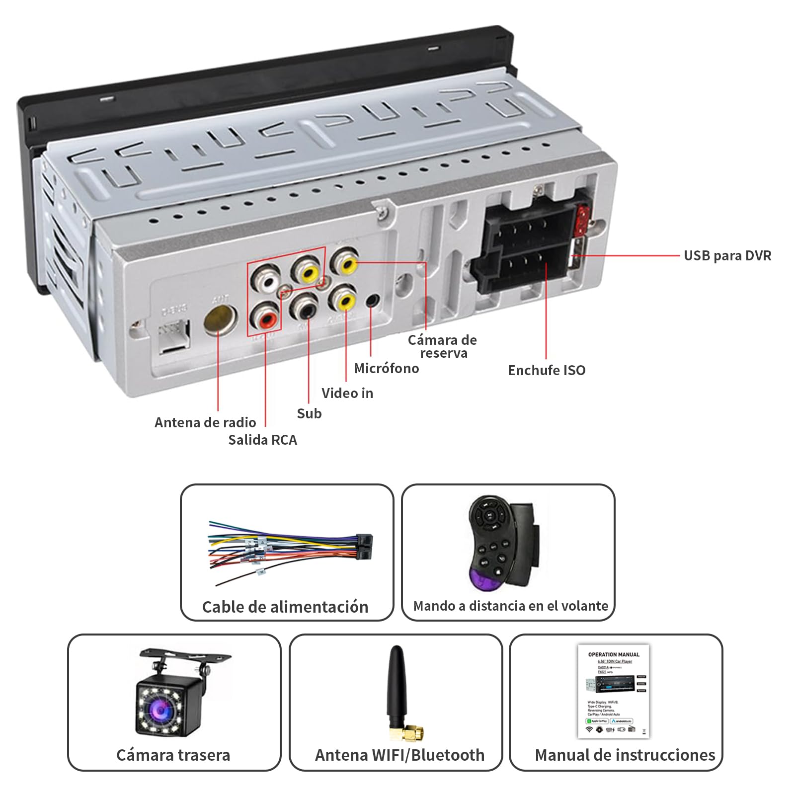 FINYQBET 1 DIN Auto Estéreo Radio de Coche Compatible con Apple CarPlay Android Auto USB Tipo C, visualización táctil de 6.9 Pulgadas, Enlace de Espejo, cámara de Respaldo Bluetooth DSP