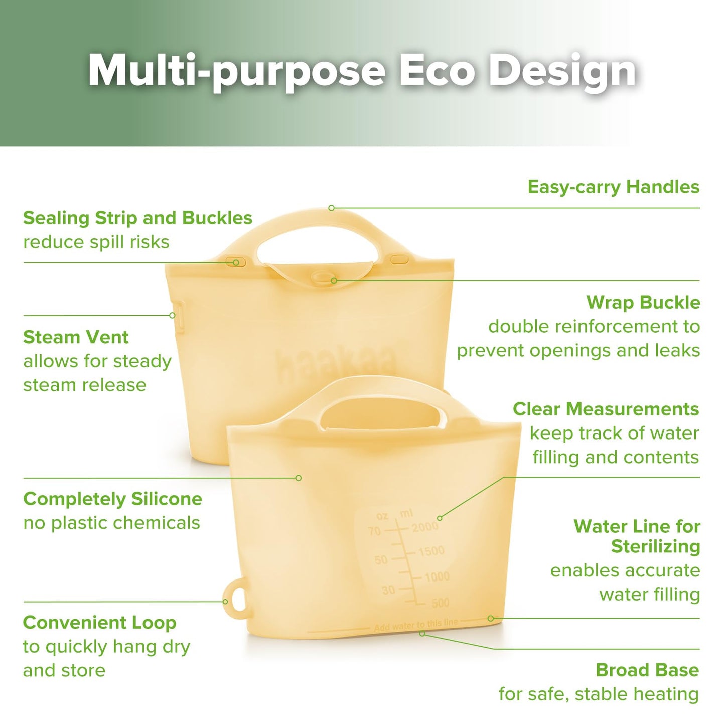 Bolsa reutilizable de gran capacidad de 2000ml/70oz para esterilizar y vaporizar al microondas Haakaa de silicona, para biberones, extractores de leche, accesorios, chupetes, mordedores, ideal para el