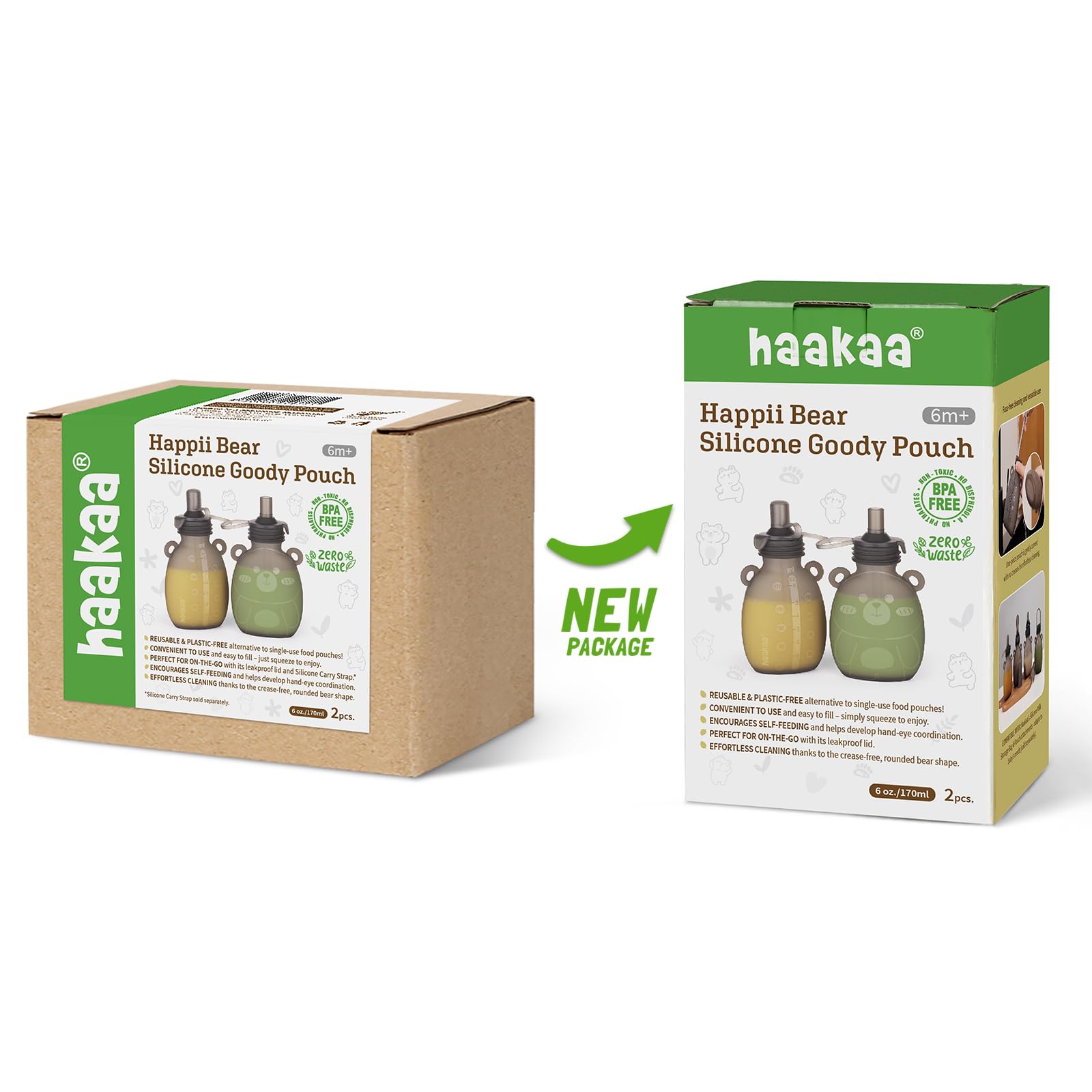 haakaa Happii Bear - Bolsa de silicona reutilizable para alimentos para bebés para purés orgánicos, jugos, batidos y yogur, perfecto para niños y niños - Paquete de 2, 6 onzas