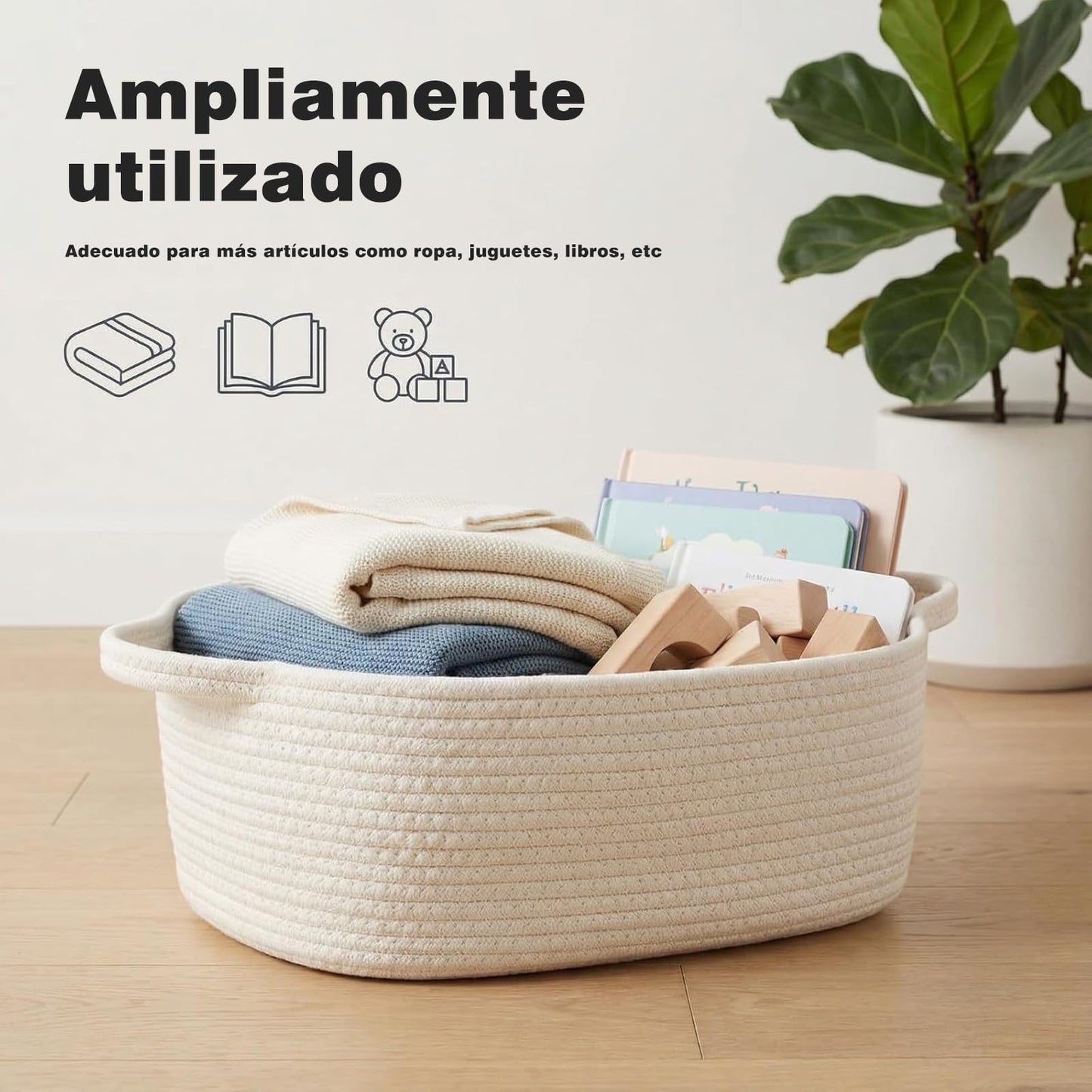 NUIO 5 Piezas Canastas Organizadoras Rectangulares de Algodón Natural con Asas, Caja Cestas de Almacenamiento,Ideal para Baño, Juguetes Infantiles, Clóset, Maquillaje y Organización del Baño (blanco)
