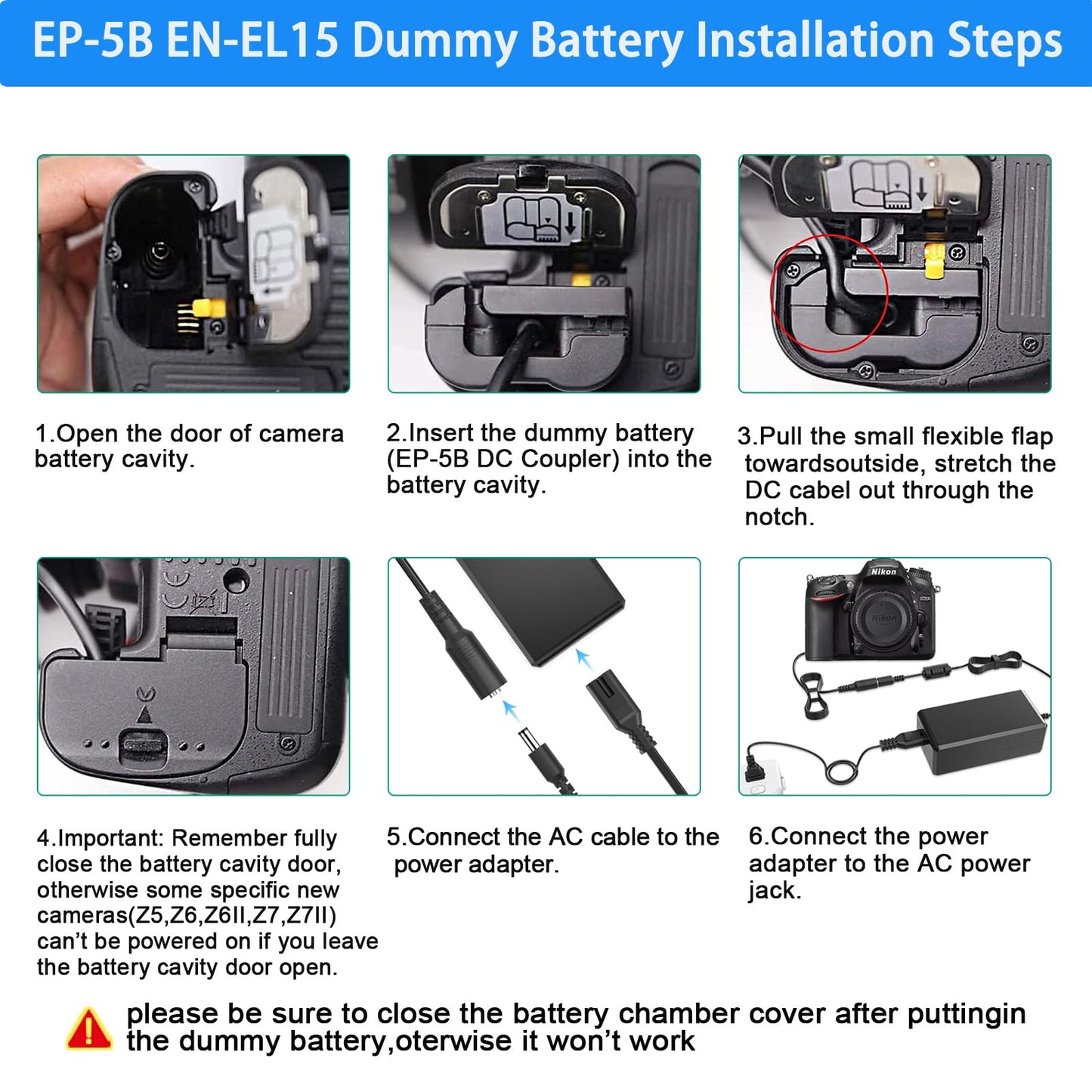 TKDY Eh-5 Plus Power Adapter Supply Updated EP-5B DC Coupler Kit (EN-EL15 Battery Replacement) For D500 P520, P530,D600, D610,D750 D7000,D7100,D800,D800E,D810,D800A,1V1