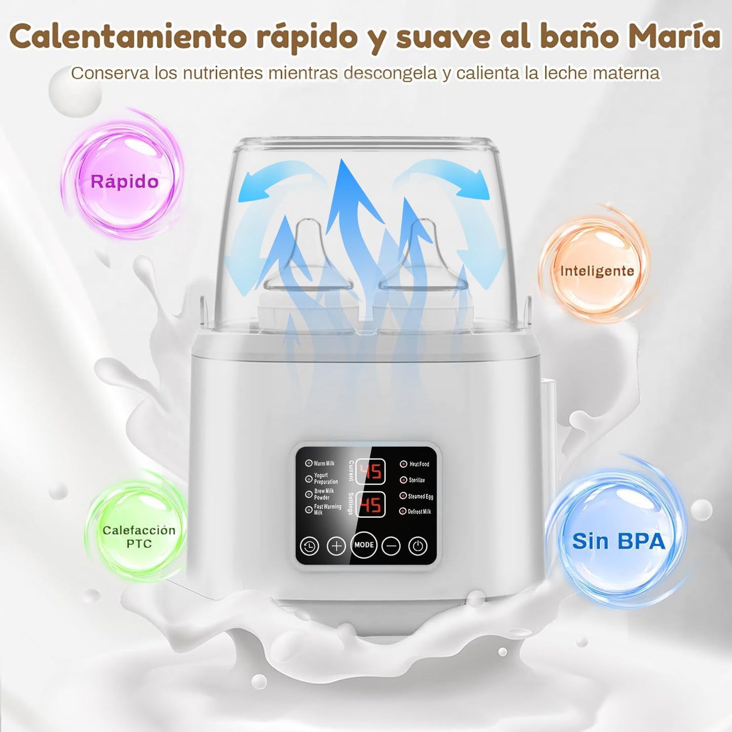 EEBOU Calentador de Biberones Esterilizador Multifuncional 8 en 1 [Modelo Mejorado de 2026], Apto para 4 Biberones, Calentador de Biberones Portatil Modo Constante de 24H, Sin BPA (Gris)