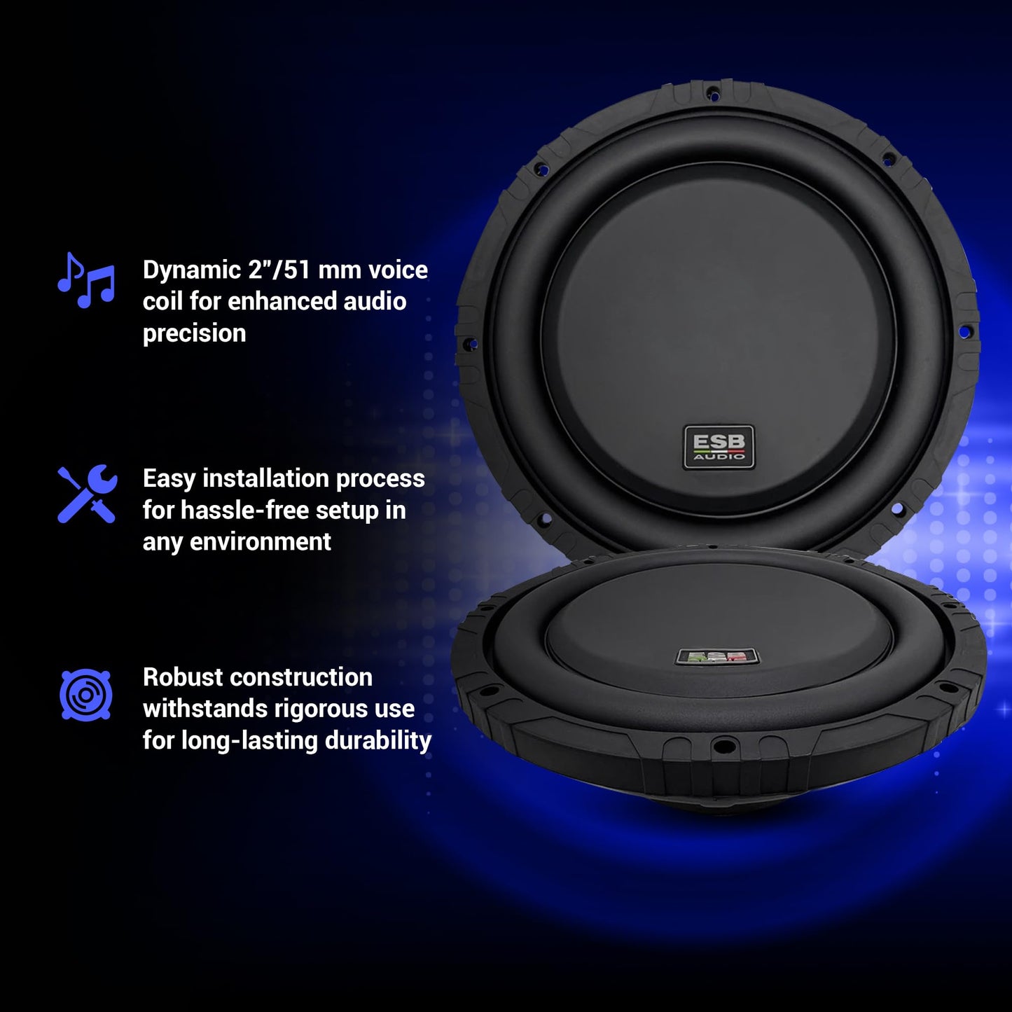ESB Audio ESB 1.10SD 10''/250 mm 4+4 Ohm Subwoofer poco profundo: diseño ultracompacto, potente salida de graves, ingeniería de borde cortado, manejo de alta potencia | optimizado para cajas selladas