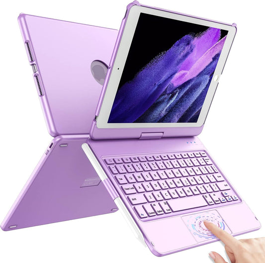 Funda Teclado Touchpad iPad 10.2 Morado Giratoria 360° Con Portapluma