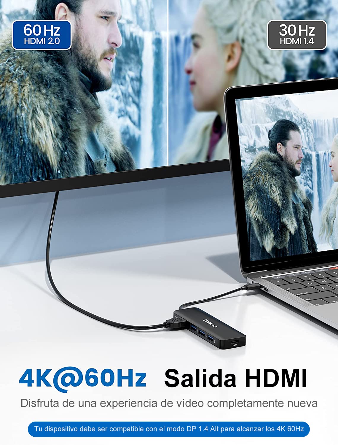 dockteck Hub USB C 4K 60Hz, Adaptador multipuerto USB C 5 en 1 con HDMI 4K, Suministro de energía de 100 W, 3 Puertos de Datos USB 3.0 para MacBook Pro/Air M1 2020, iPad Pro 2021, Surface Pro