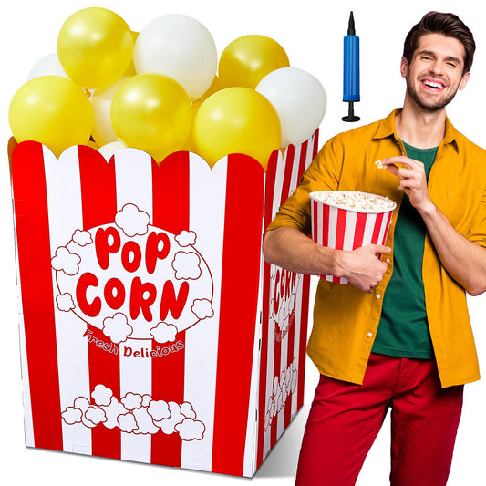 Caja de Popcorn Gigante con Globos y Bomba de Globos Soporte de Exhibición de Palomitas de Maíz de Cartón Grande Decoraciones de Utilería de Palomitas de Maíz para Noche de Cine, Carnaval (50 Piezas)
