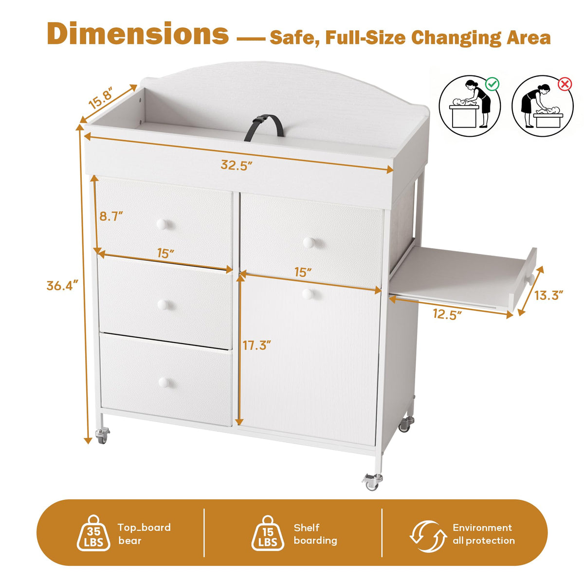 DTK - Cómoda para bebé con superficie cambiadora, cómoda cambiadora de 4 cajones con gabinete de basura inclinable y estante extraíble, estación cambiadora de pañales con almohadilla impermeable y