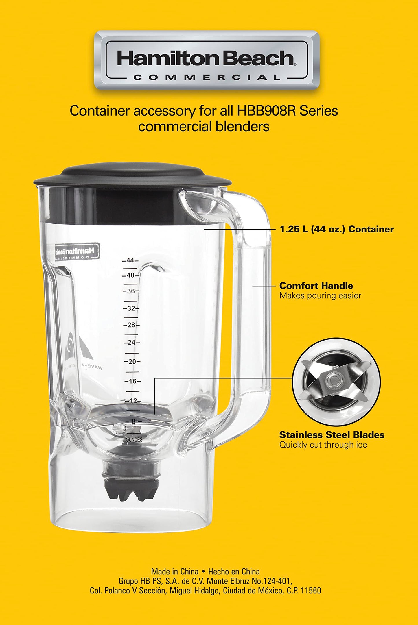 Hamilton Beach Commercial 908®R - Contenedor de policarbonato de 1.25 litros, compatible con licuadoras (Modelo: HBB908R), 6126-908R