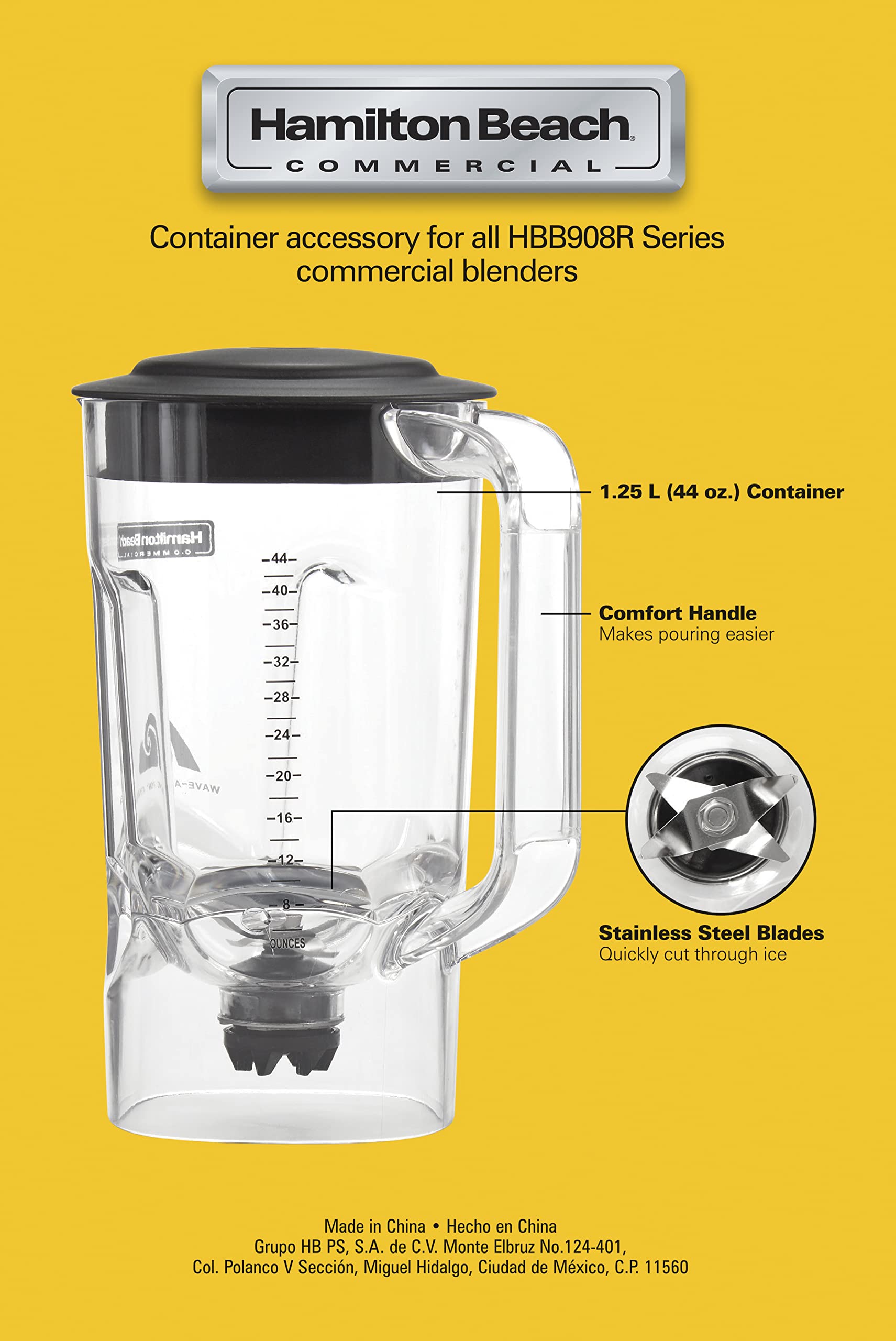 Hamilton Beach Commercial 908®R - Contenedor de policarbonato de 1.25 litros, compatible con licuadoras (Modelo: HBB908R), 6126-908R