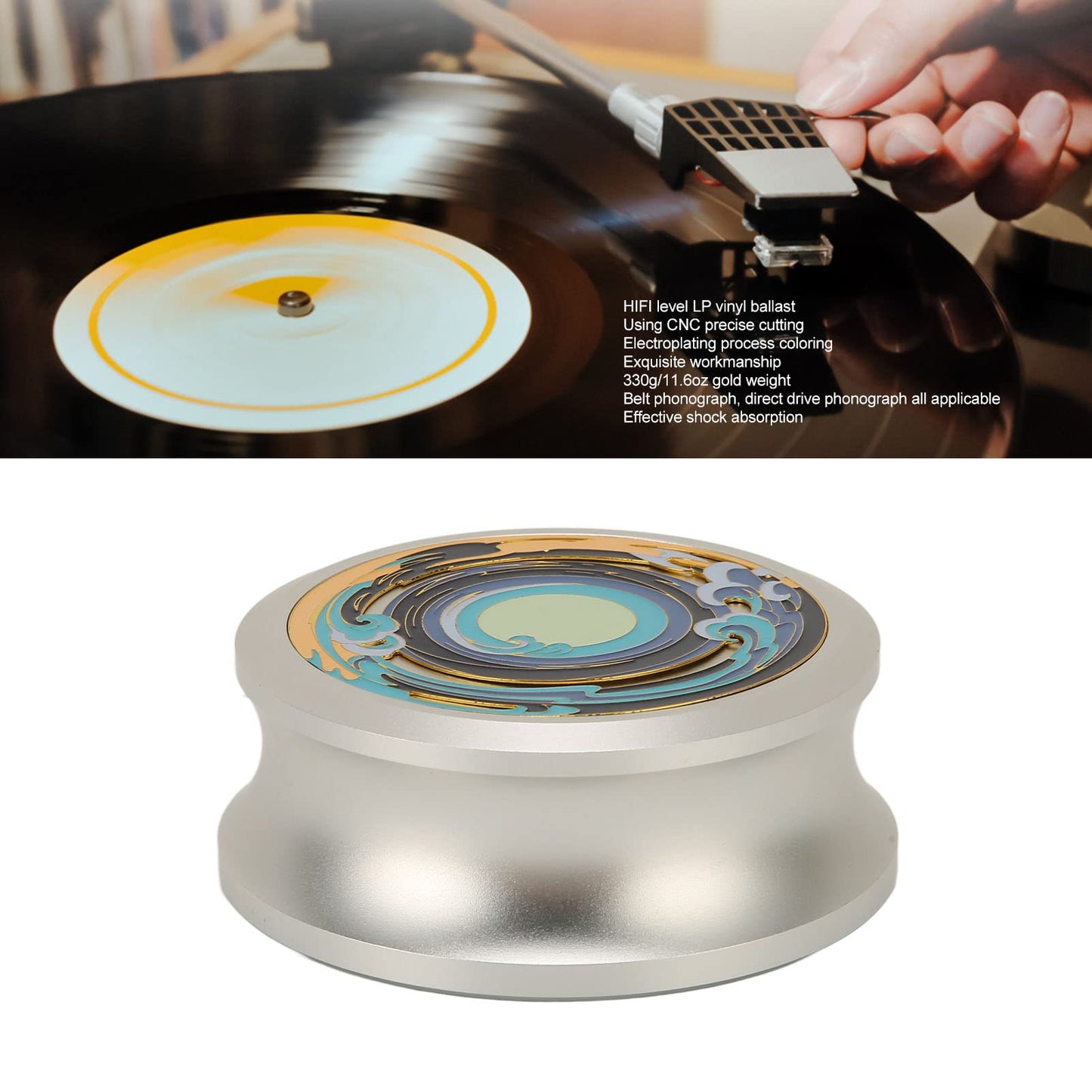 Estabilizador de Peso de Registro, Abrazadera de Disco de Vinilo HiFi con Almohadilla Inferior de Silicona para Amortiguación de Vibraciones, Estabilizador LP de Aluminio para Tocadiscos HiFi(Plata)