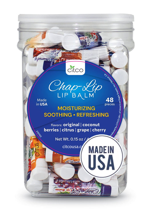 Chap-Lip Lip Balm Chap-Lip Bálsamo labial de vitamina E con aceite de coco, tratamiento hidratante de labios, hidratante, calmante, refrescante, tratamiento de hidratación total y terapia de labios, surtido de 6 sabores refrescantes, 48 unidades