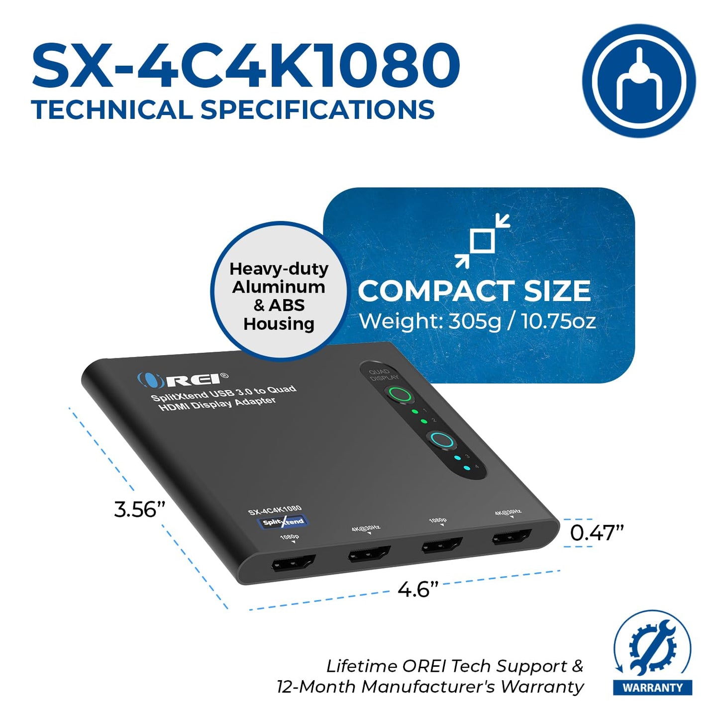 Adaptador USB-C a HDMI 2.0 OREI Negro con Visualización Extendida para Monitor Cuádruple, Salidas 4K@30Hz, para Multimonitor 5 Pantallas Separadas