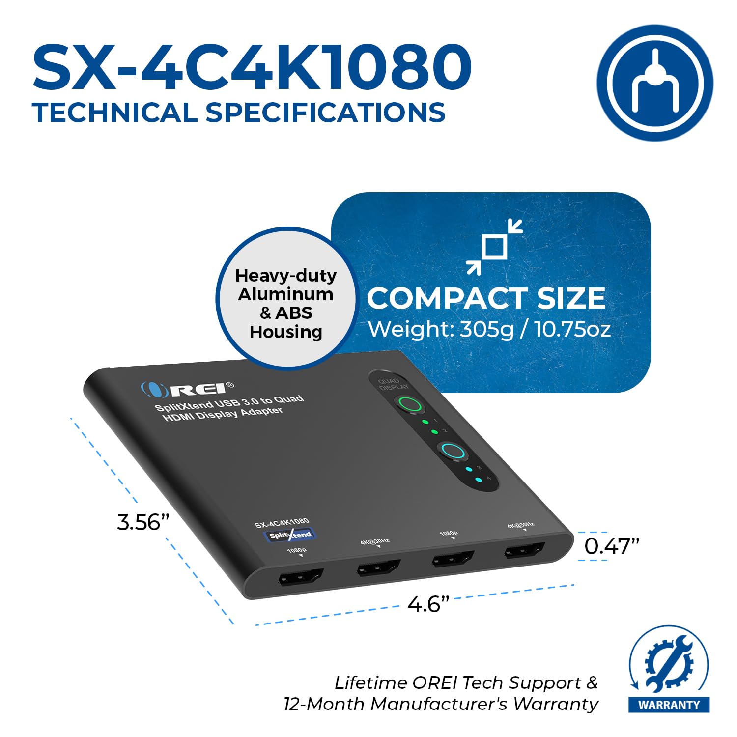 Adaptador USB-C a HDMI 2.0 OREI Negro con Visualización Extendida para Monitor Cuádruple, Salidas 4K@30Hz, para Multimonitor 5 Pantallas Separadas