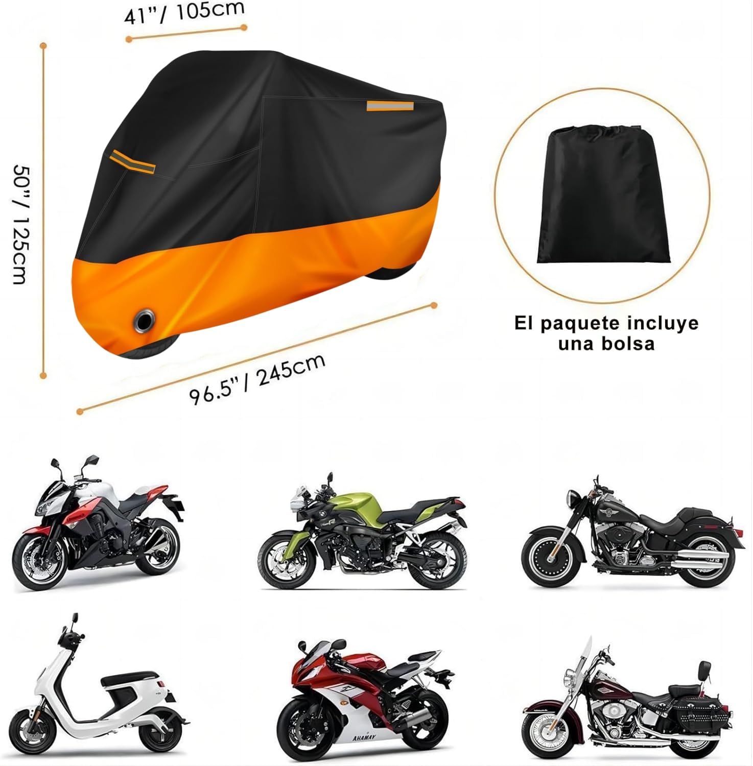 Funda para Moto Impermeable, 190T Tela Oxford Cubierta de Motocicleta, Calidad Impermeable Sol Protección, Motocicletas Vehículo Cubierta de la Motocicleta con 2 Lock-Holes&3 Tiras Reflectantes