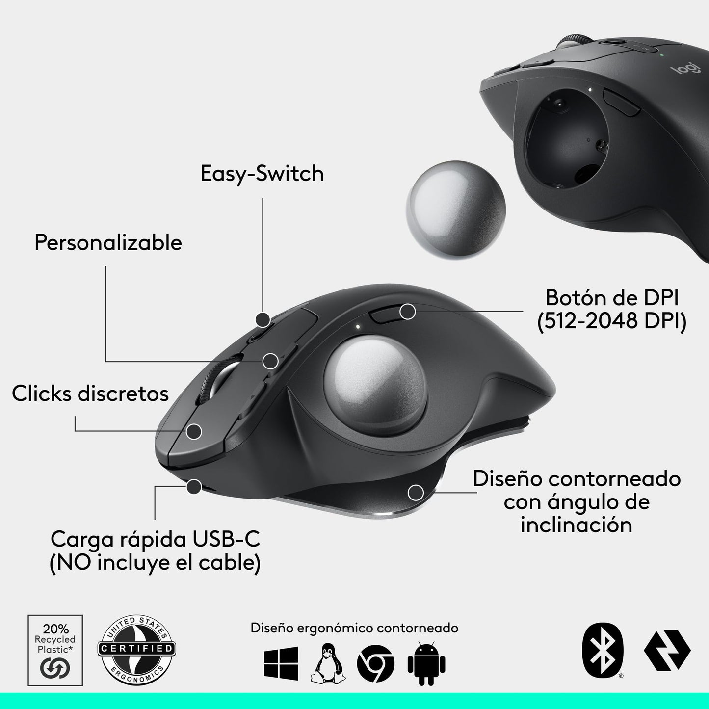 Mouse Ergonómico Inalámbrico Logitech MX Ergo Grafito con Trackball y 6 Botones Programables