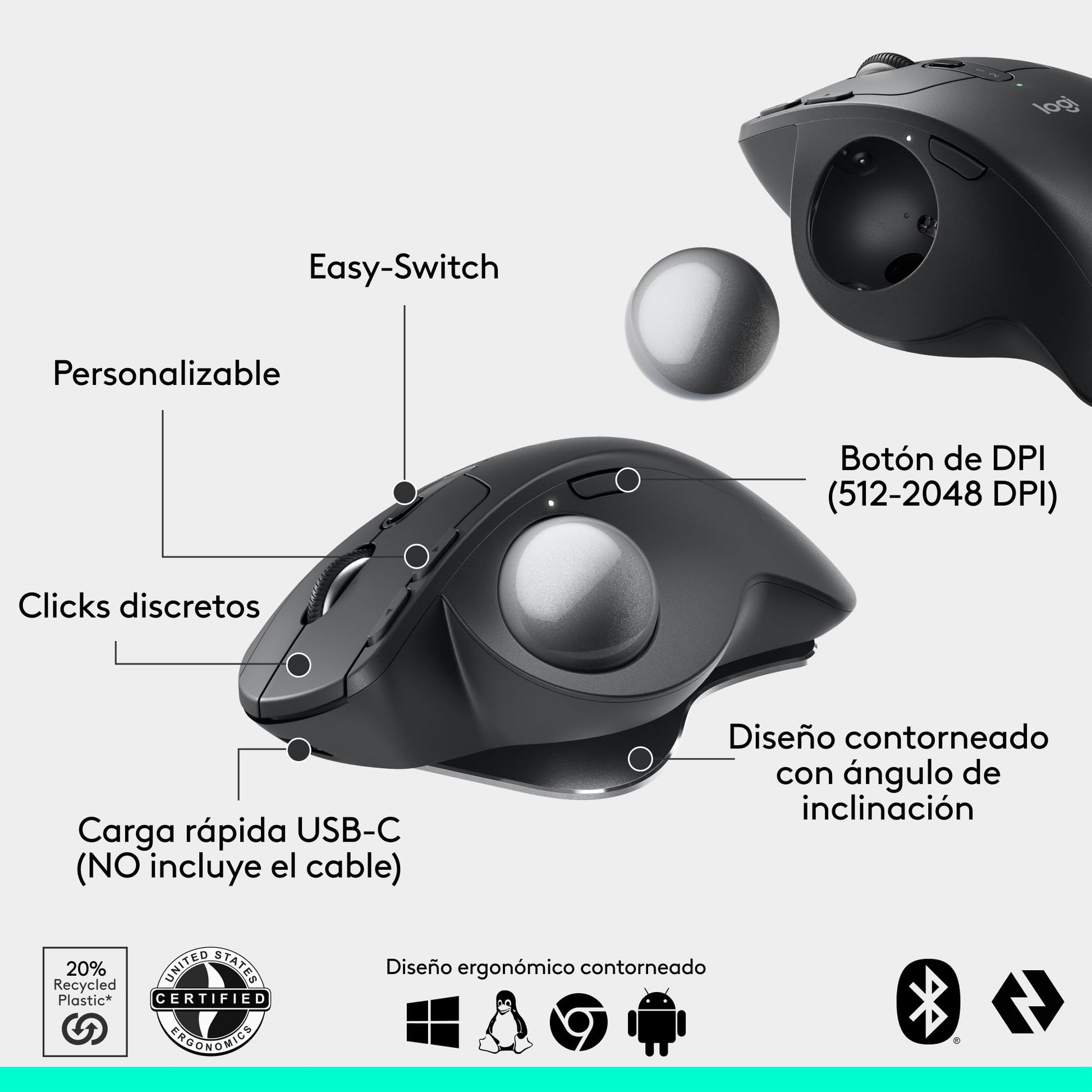 Mouse Ergonómico Inalámbrico Logitech MX Ergo Grafito con Trackball y 6 Botones Programables