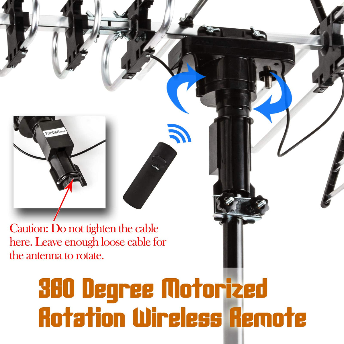 Antena Exterior FiveStar Negra Largo Alcance 200 Millas con Rotación Motorizada y Control Remoto
