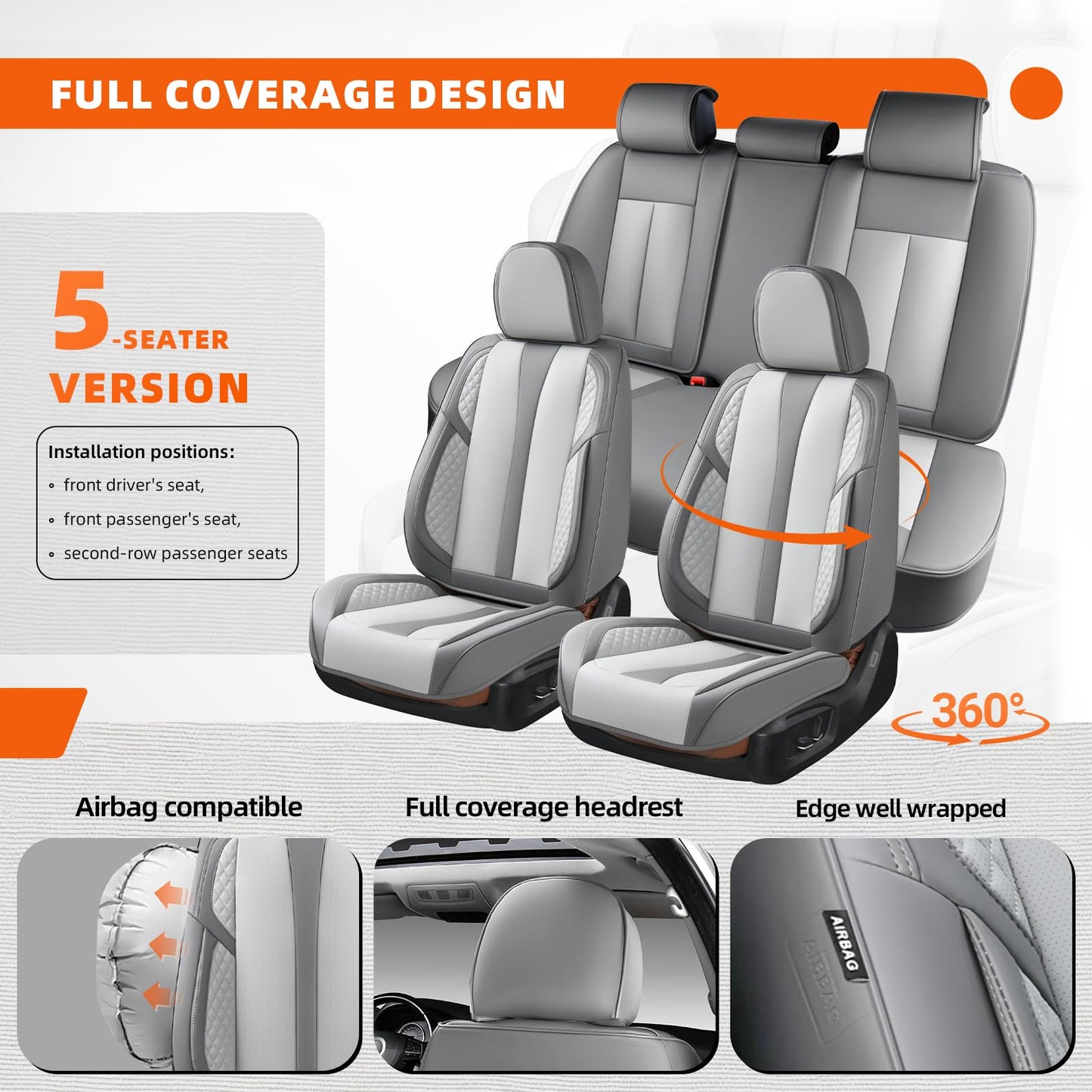 KEYOOG - Juego completo de fundas de asiento de coche de 5 plazas, impermeables y transpirables, para asientos delanteros y traseros de automóviles, compatible con bolsas de aire, fundas protectoras