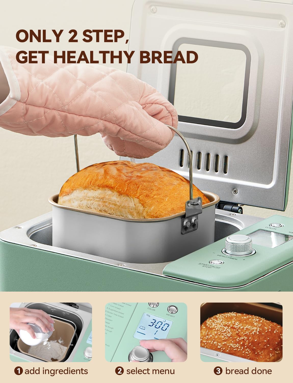 Máquina de Pan Neretva Acero Inoxidable Compacta Antiadeherente Doble Calentador 20 en 1 para Pan sin Gluten, Masa Madre o Trigo Integral
