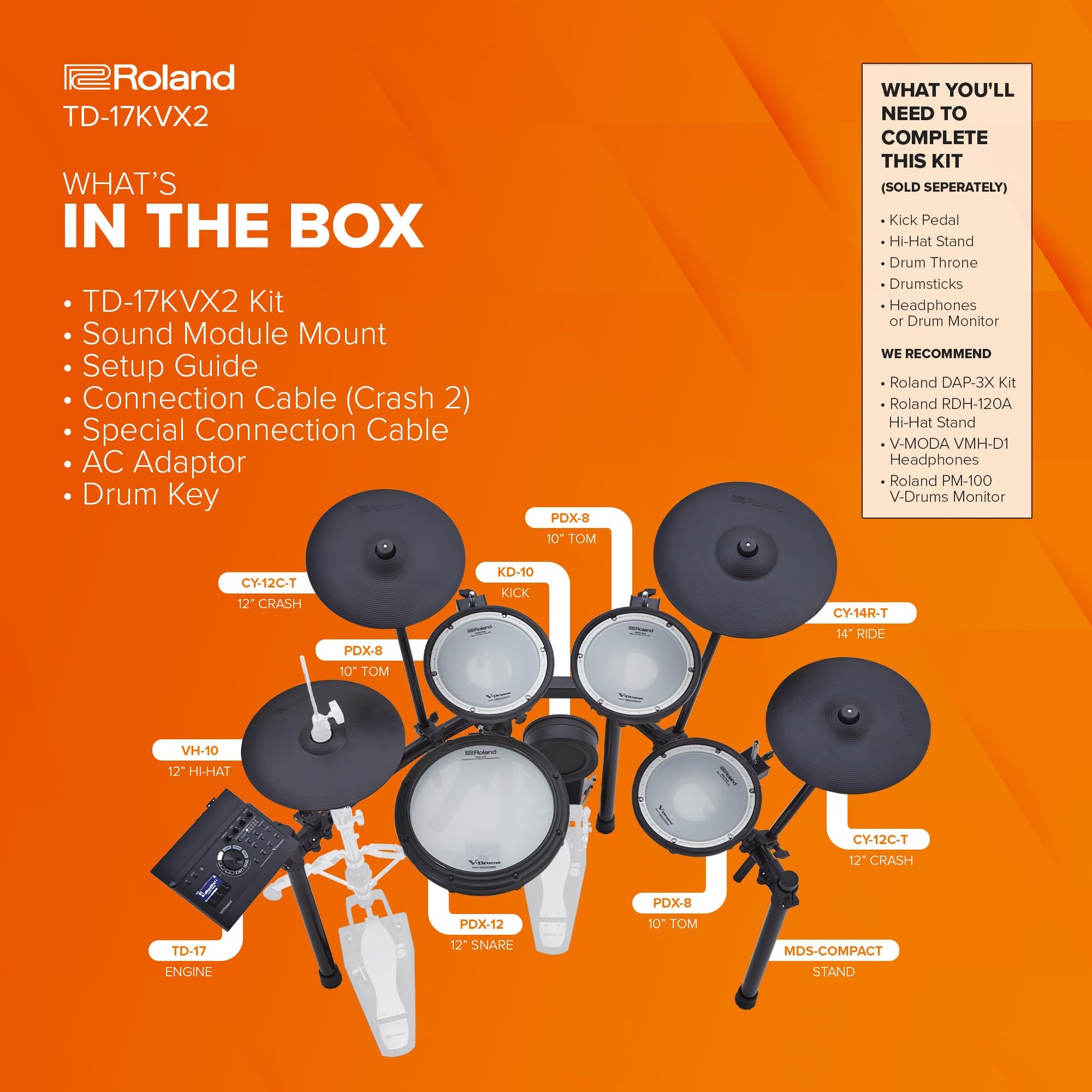 Kit de batería Roland Ultimate Generation 2 V Quiet blanco 5 piezas electrónicos acústico TD-17KVX2 para Hombre