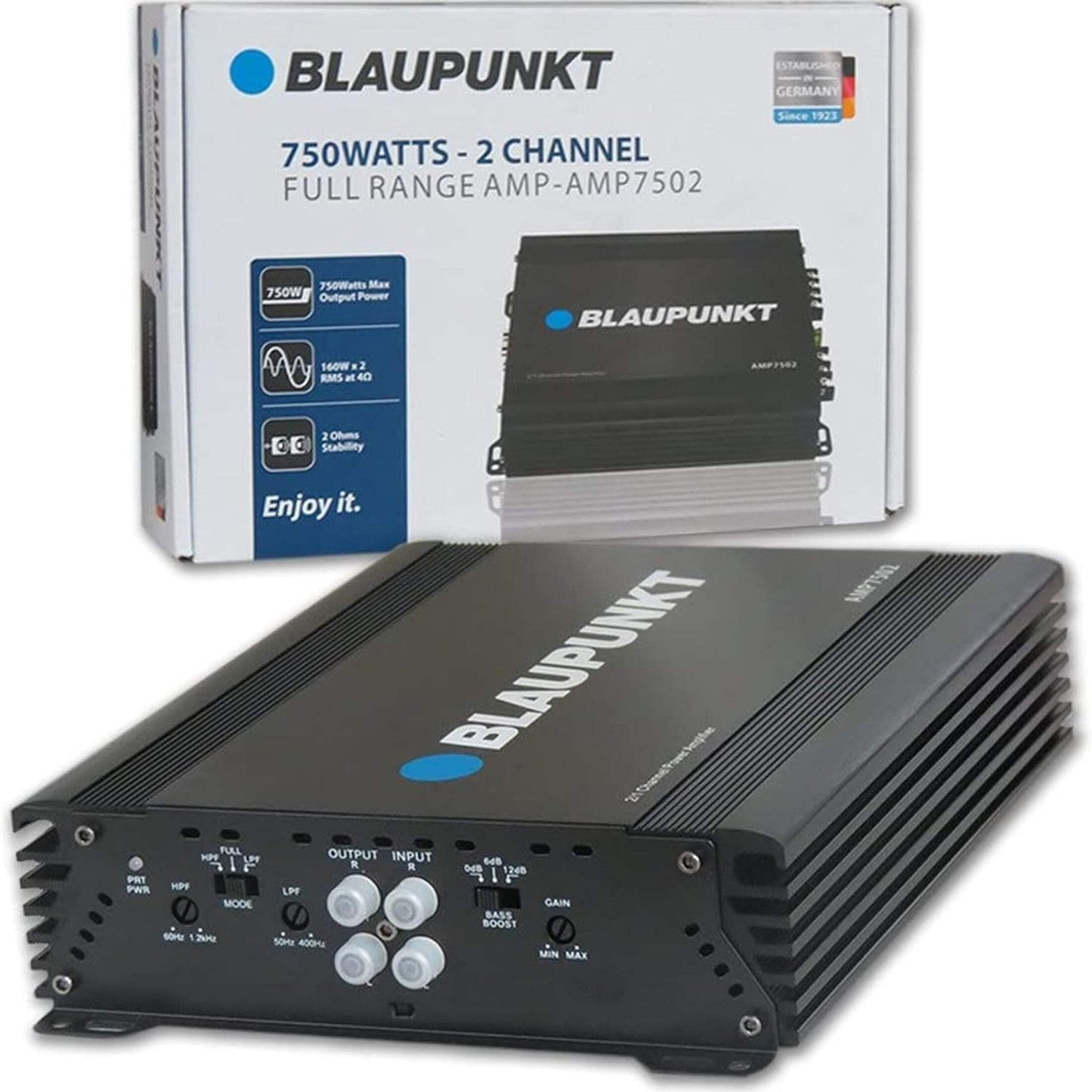 Blaupunkt AMP-7502PRO 750W Amplificador de 2 canales Clase AB - Diseño compacto y delgado, rango completo, cruzado, ganancia ajustable