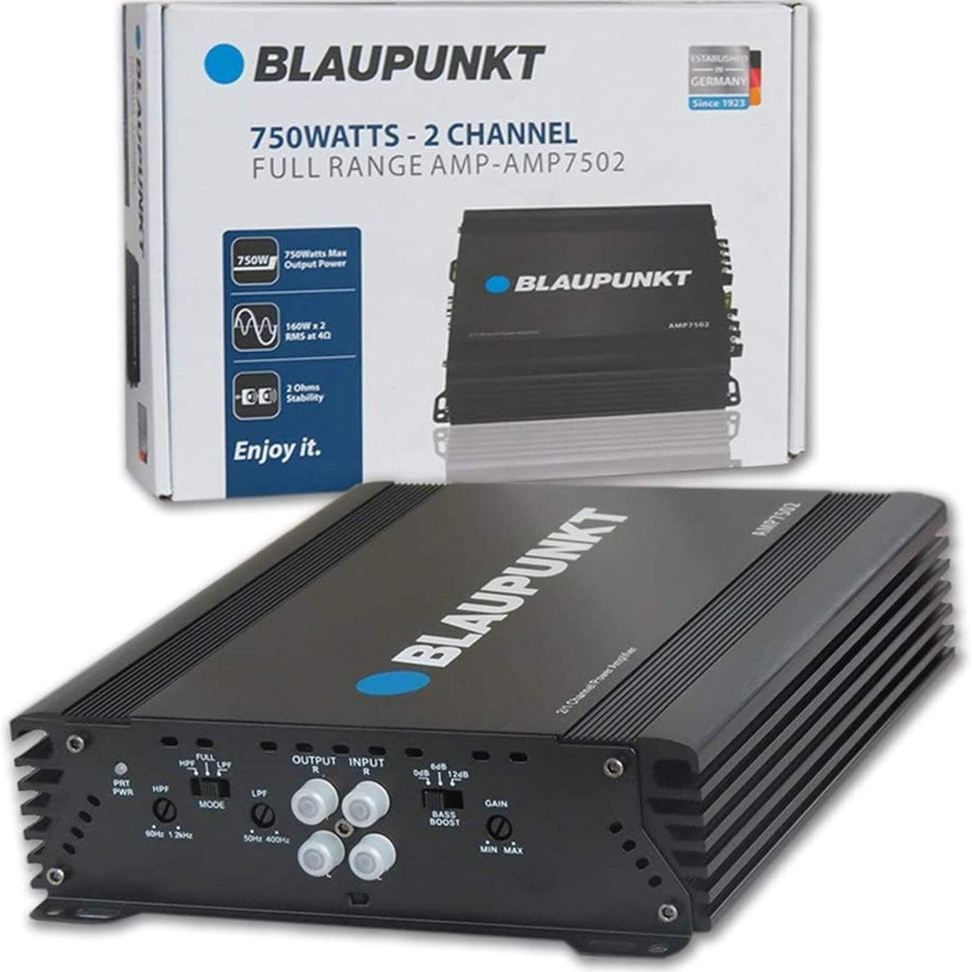 Blaupunkt AMP-7502PRO 750W Amplificador de 2 canales Clase AB - Diseño compacto y delgado, rango completo, cruzado, ganancia ajustable