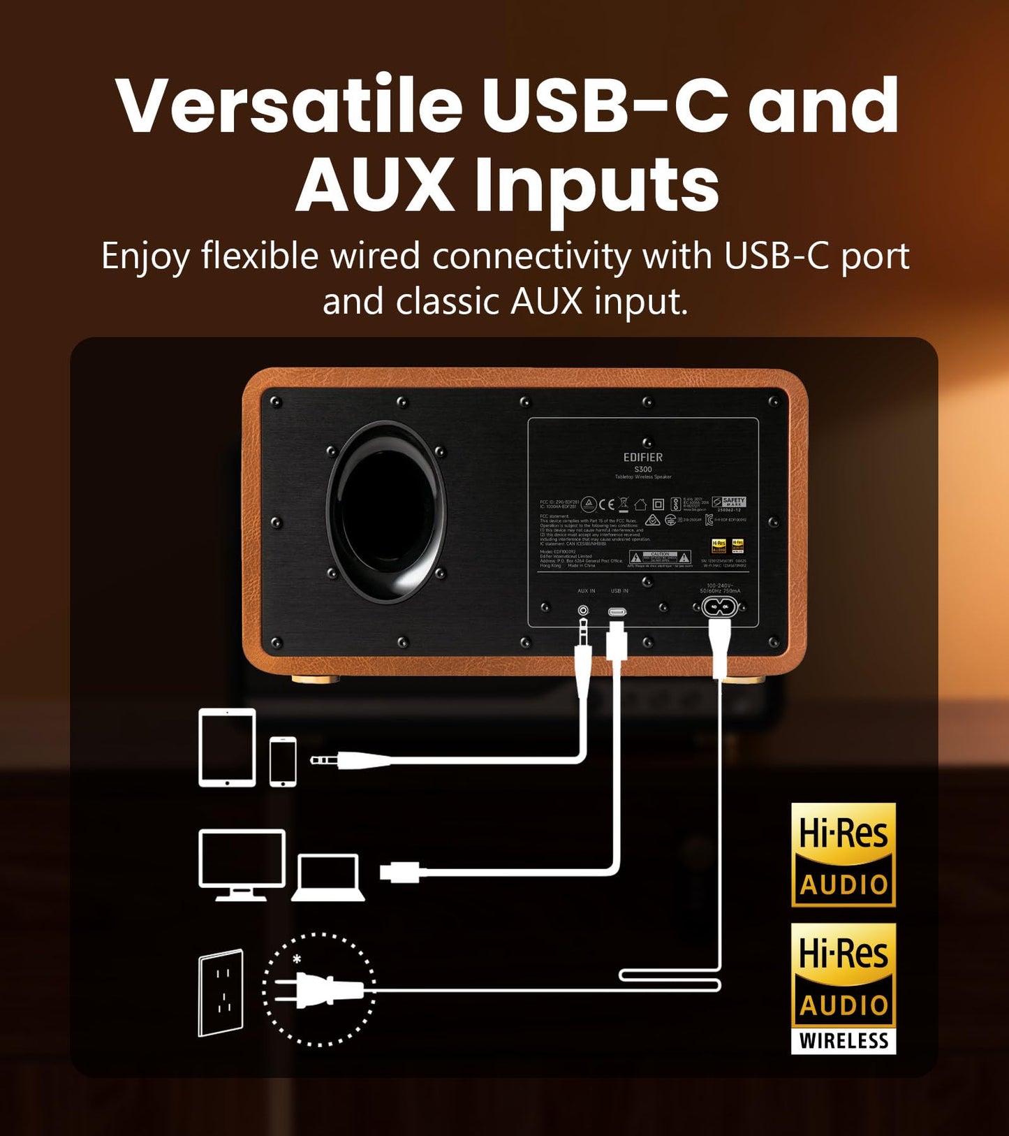 Edifier S300 Altavoz Retro de Mesa, Audio Hi-Res con Cable y Inalámbrico, Potencia 80W (RMS), Bluetooth 5.4 Multipunto, WiFi Multihabitación (AirPlay 2), Entradas AUX y USB-C, Marrón