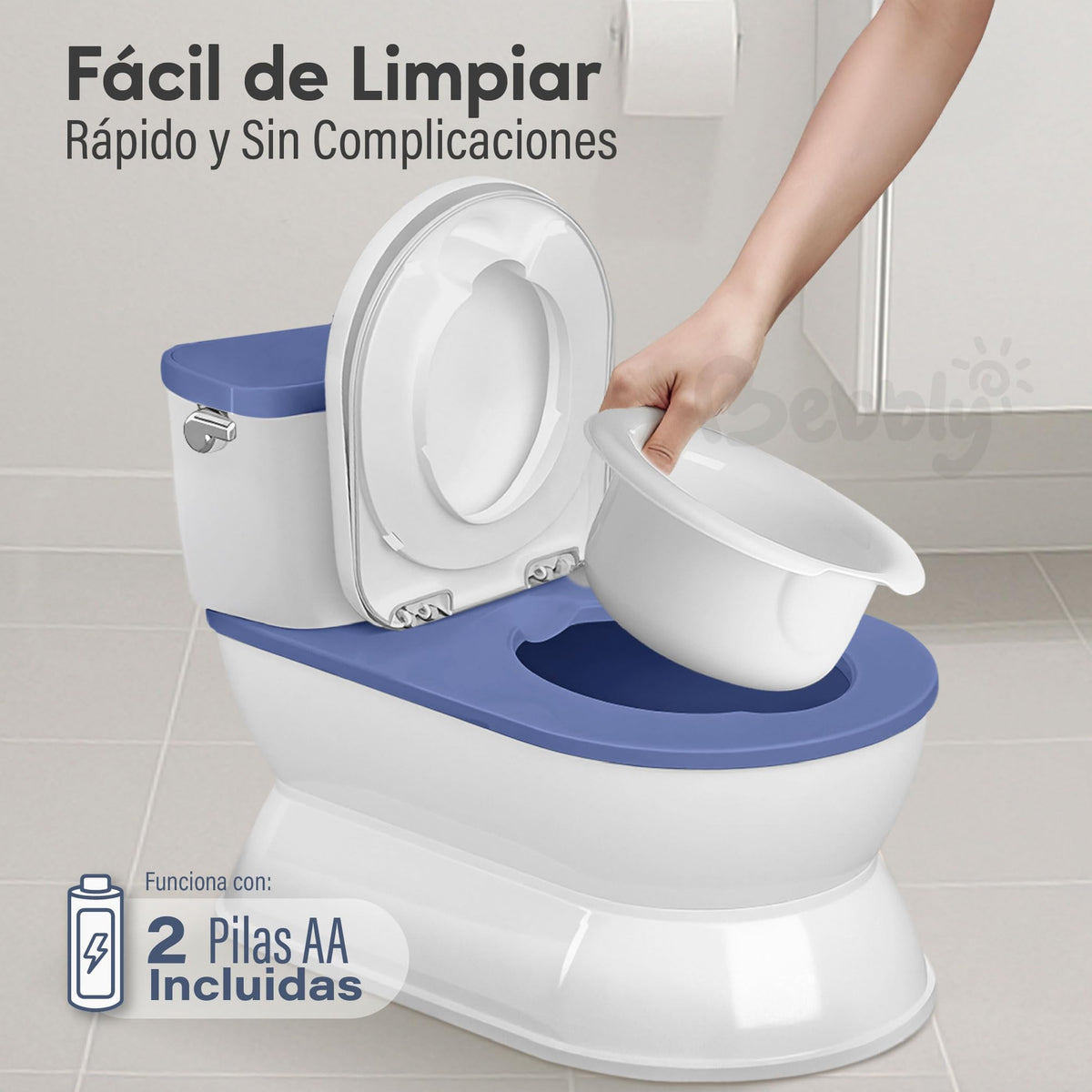 BEBBLY Bañito Entrenador Infantil con Sonido Musical Portarrollo y Almacenamiento Asiento Antiderrapante para Niños y Niñas de 6 Meses a 3 Años Fácil de Limpiar Ideal para Aprender a Ir al Baño (Azul)