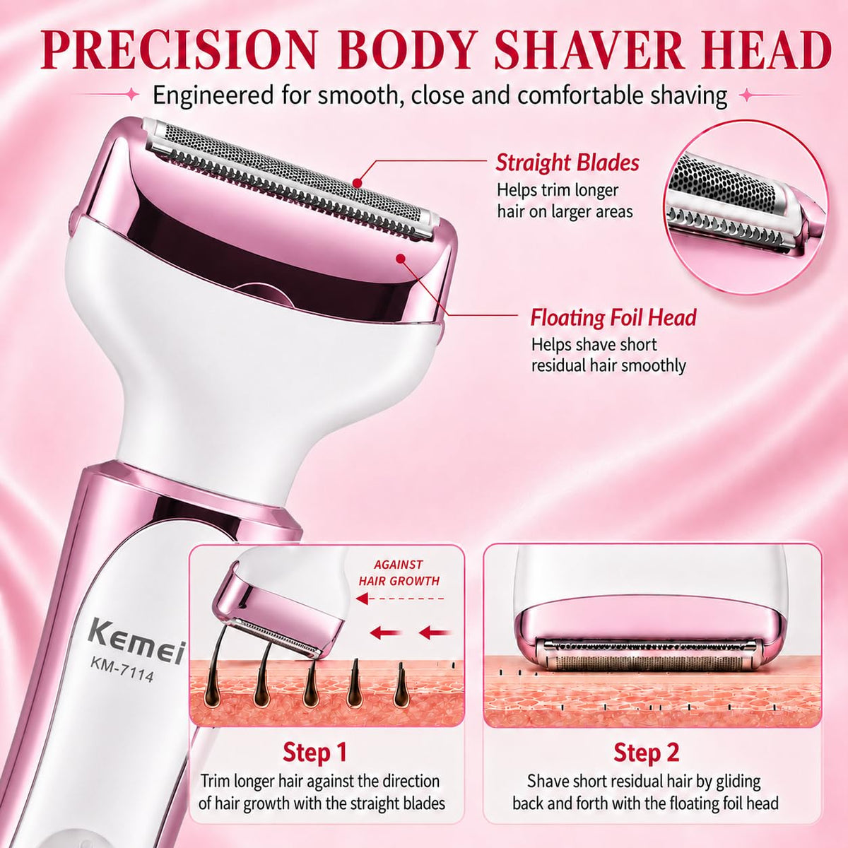 KEMEI 7114 - Maquinilla de afeitar eléctrica para mujer, 4 en 1, removedor de pelo indoloro para cara, cejas, nariz y bikini, recargable en húmedo y seco, color rosa