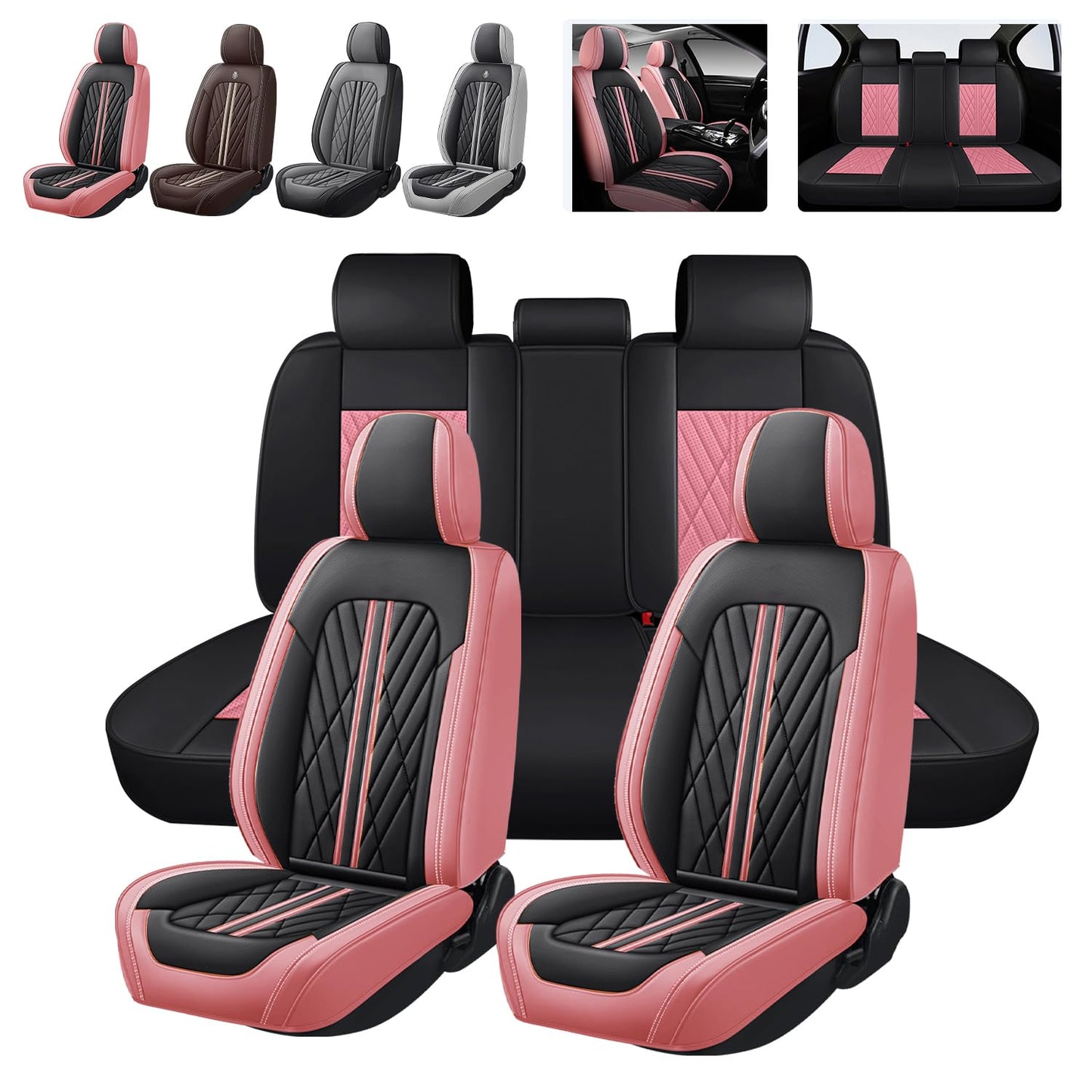 OFFCEI Fundas para Asientos de Cuero Impermeable y Lavable, Universal para Coches Medianos/Pequeños de 5 Plazas/SUV (Negro y Rosa)