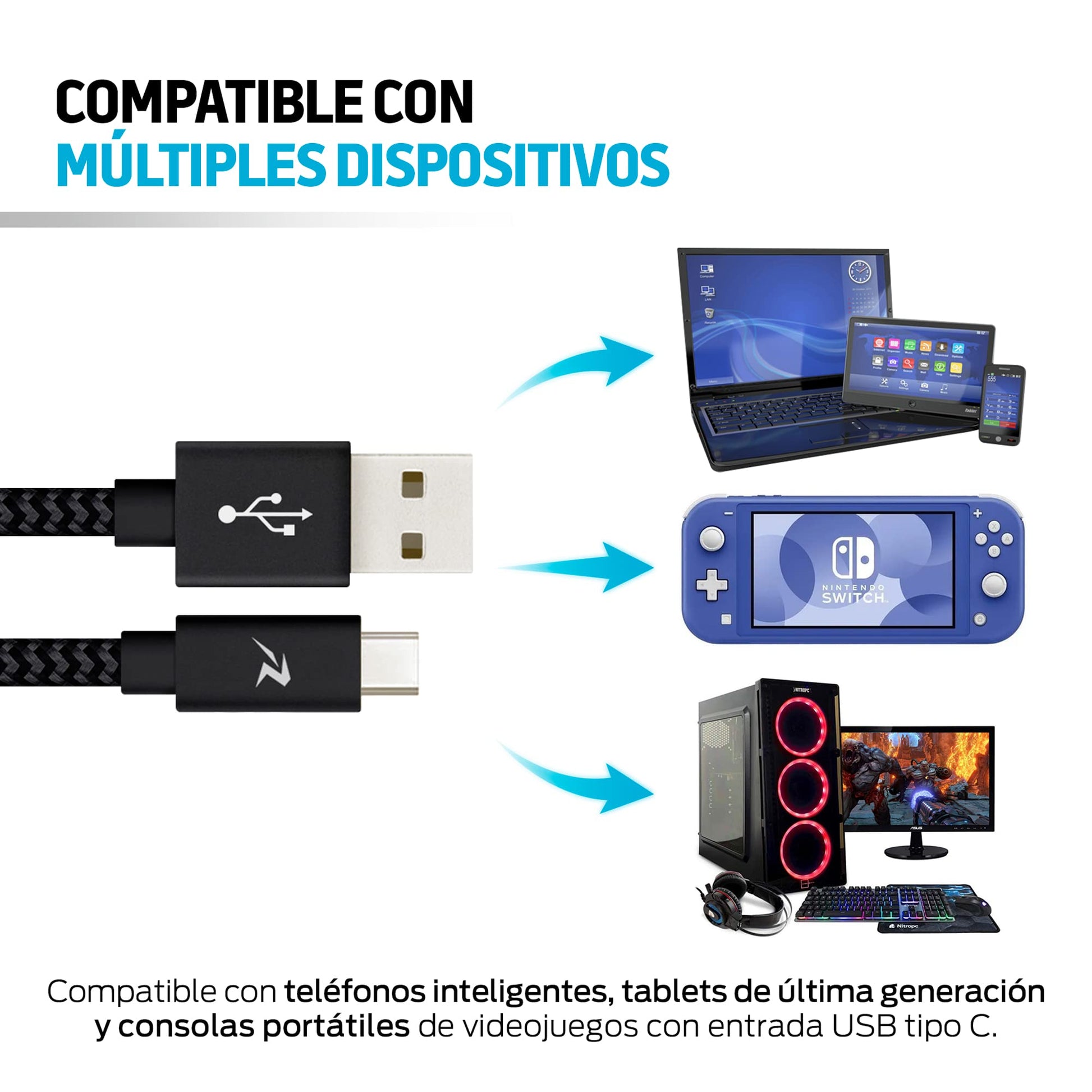 Cable USB C Redlemon Gris Resistente de 3 Metros Compatible con Dispositivos de Carga Rápida