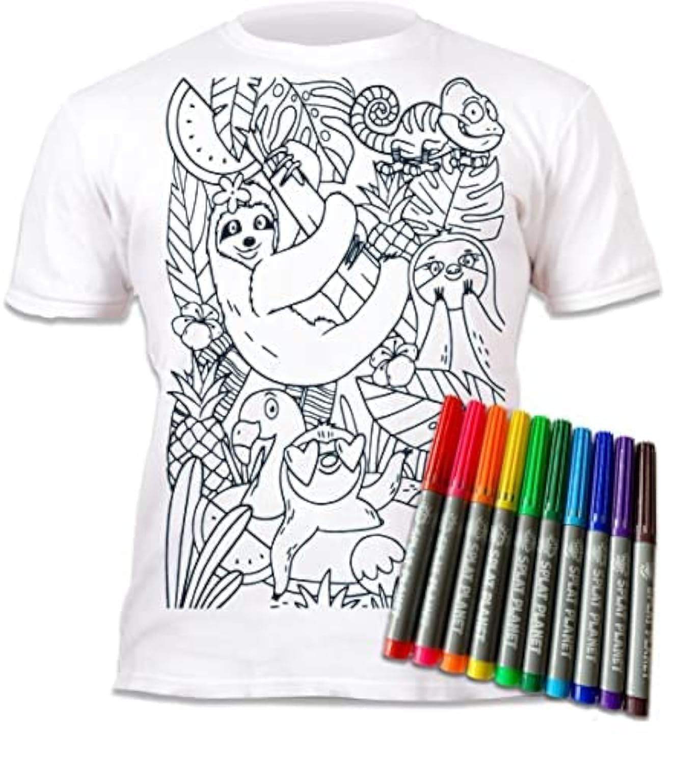 Splat Planet Color-in Sloth Jungle - Camiseta con 10 bolígrafos mágicos lavables no tóxicos, camiseta de color y lavado, Blanco, 3-4T