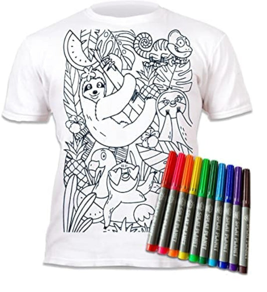 Splat Planet Color-in Sloth Jungle - Camiseta con 10 bolígrafos mágicos lavables no tóxicos, camiseta de color y lavado, Blanco, 3-4T