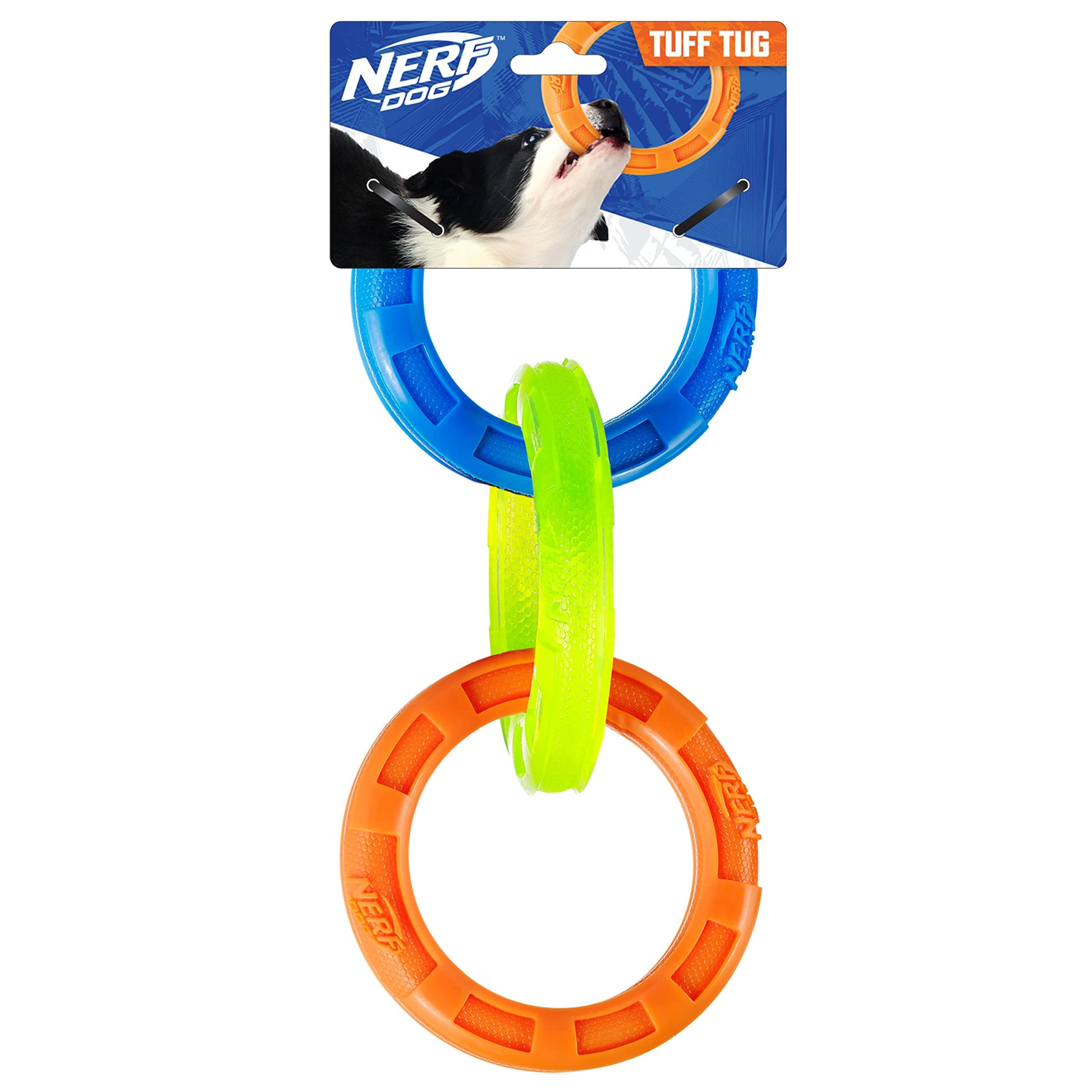 Juguete Tirón Nerf Dog Azul Verde Naranja con 3 Anillos de 29,2 cm