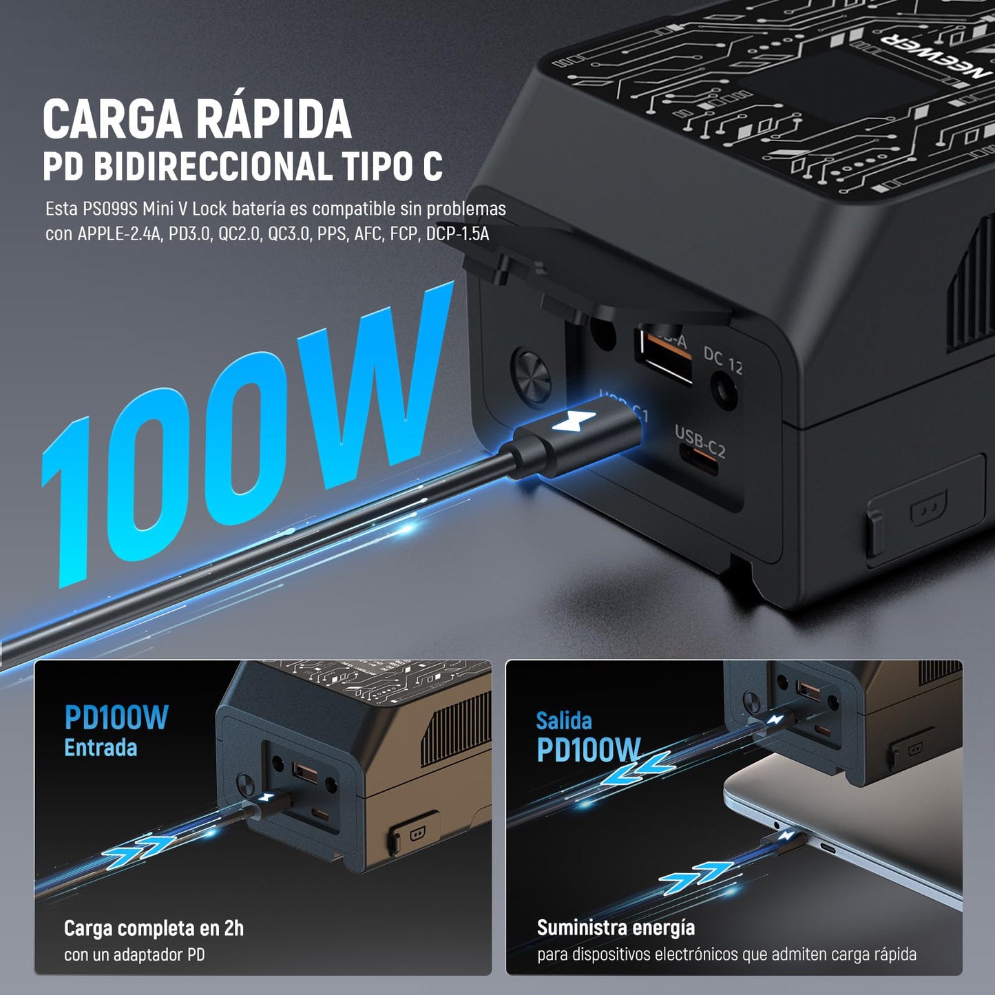 Batería Mini V Mount NEEWER Negra con Control App y Carga Rápida para Cámara y Luz Video