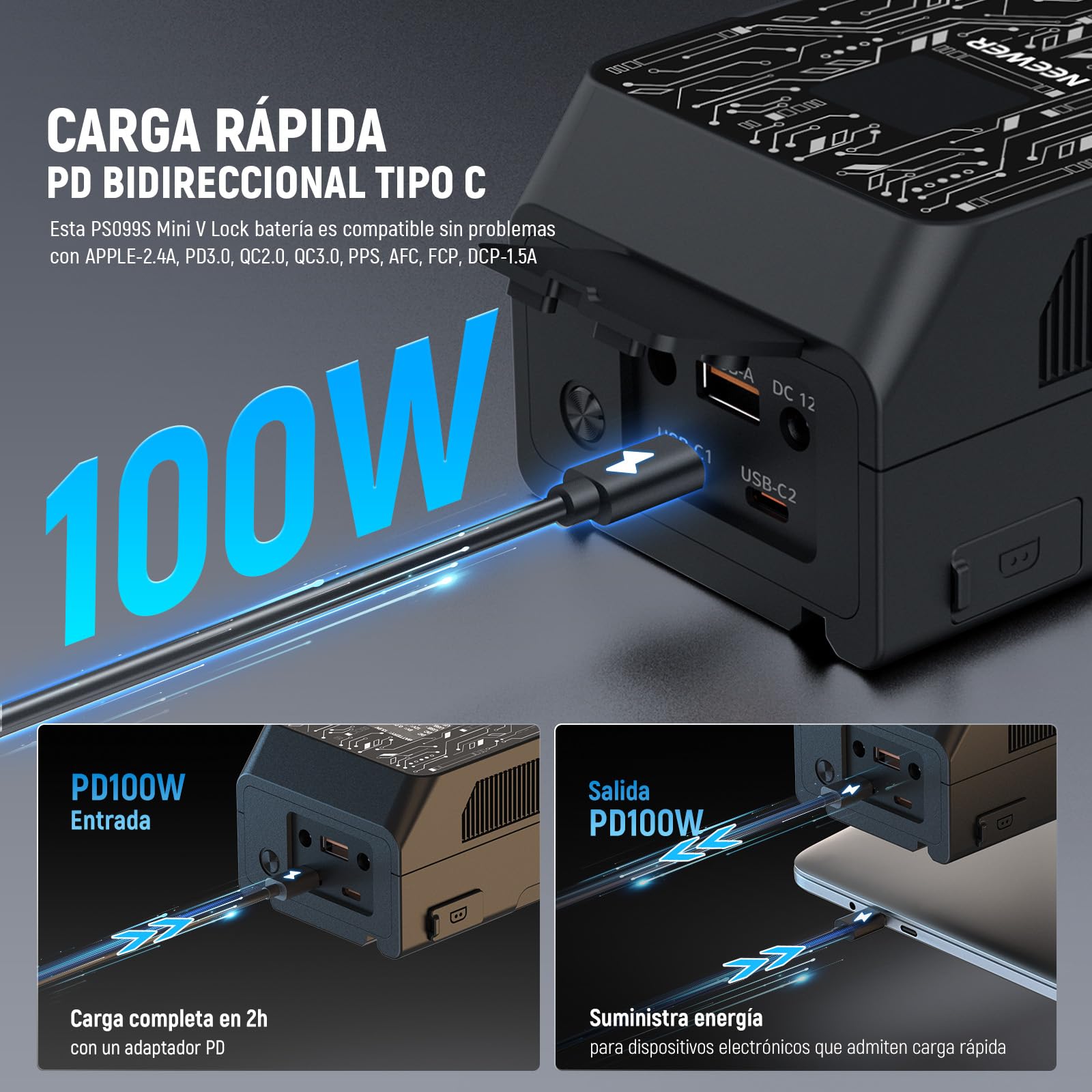 Batería Mini V Mount NEEWER Negra con Control App y Carga Rápida para Cámara y Luz Video
