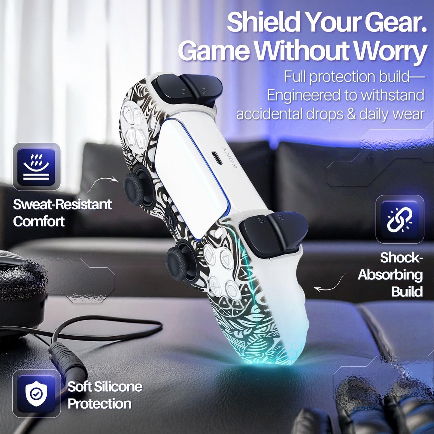 Funda de Silicona TNP PS5 Negro con 8 Empuñaduras Tribales Ergonomía para PlayStation 5