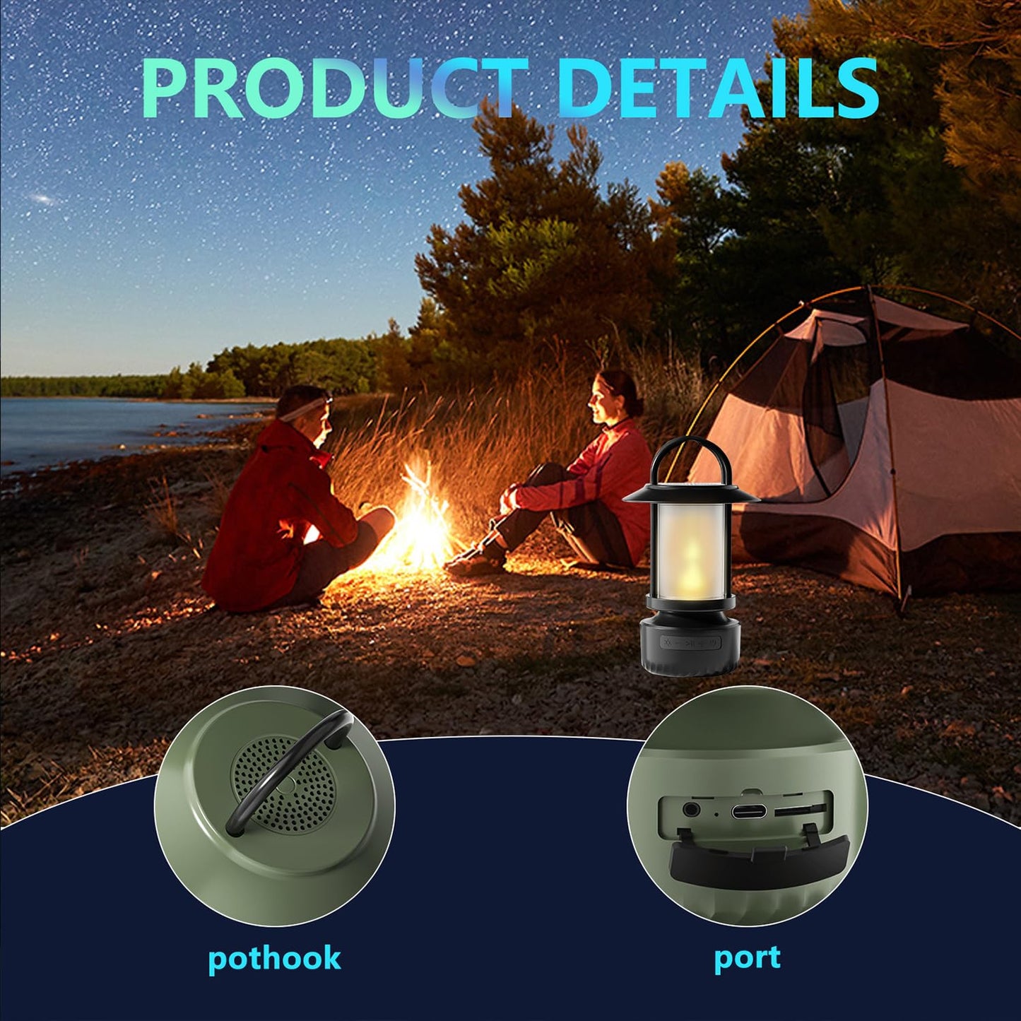 Altavoz Bluetooth al aire última intervensión, linterna de camping, altavoz impermeable para acampar, luz nocturna que se puede utilizar para la decoración de patios, porches, jardines, patios