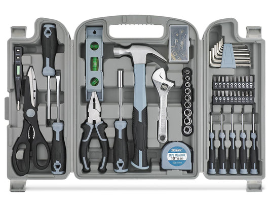 Hi-Spec Juego de Herramientas para el Hogar de 54 Piezas. Kit de Herramientas Gris Generales para Reparaciones en Casa con Estuche de Transporte. Incluye Mosquetón y Abrebotellas Mini