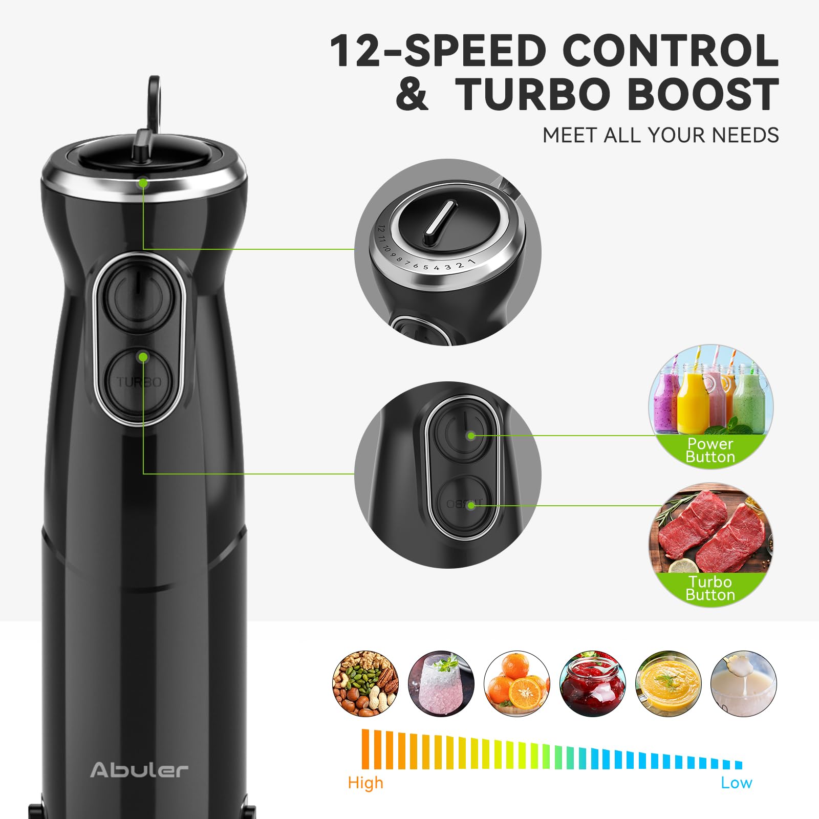 Batidora de mano de mano de 1000 W, mezclador de mano 5 en 1, sin BPA, licuadora de mano de 12 velocidades 304, acero inoxidable, mezclador, picador, batidor, espumador de leche, sopa, batidos,