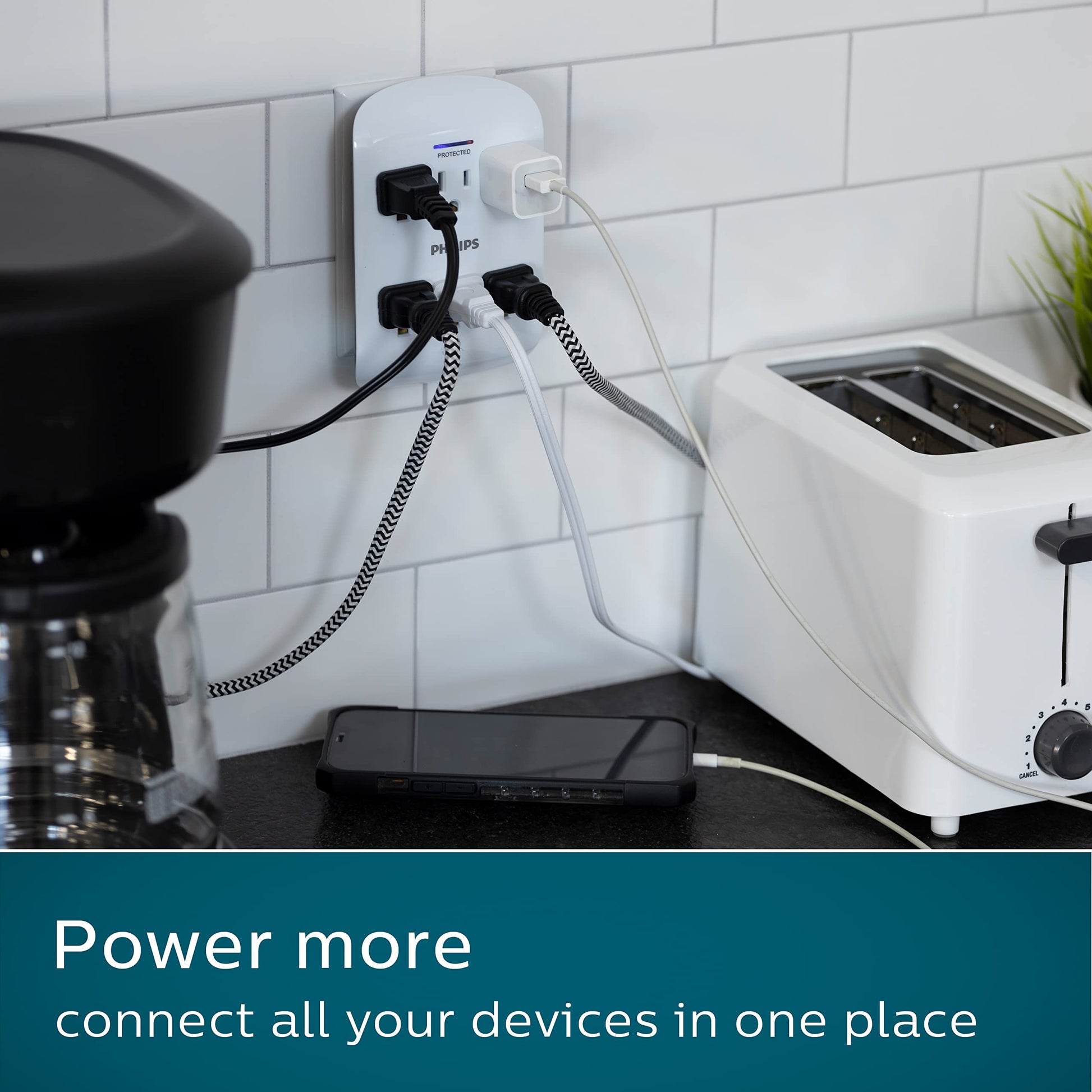 Multicontacto de Pared PHILIPS Blanco con Supresor de Picos y Protección contra Sobretensiones 900 Julios (Paquete de 2)