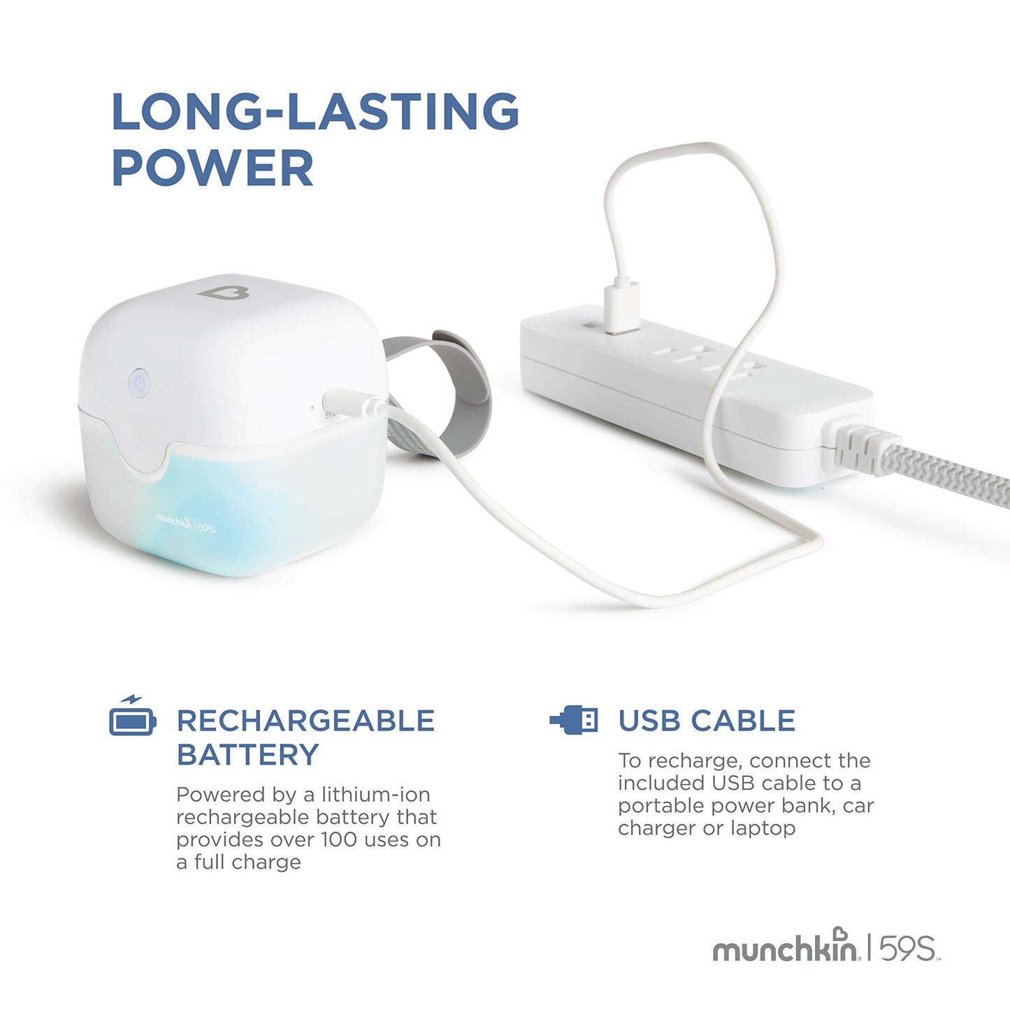 Munchkin® Esterilizador UV portátil Plus con batería recargable, mini desinfectante de luz UV elimina el 99,99% de los gérmenes en 59 segundos