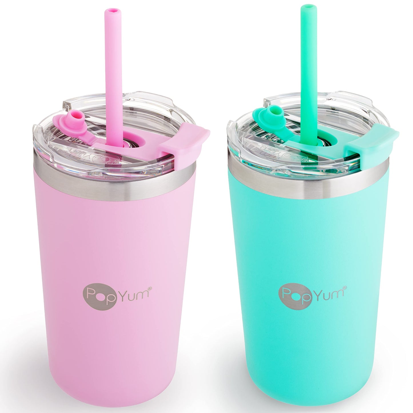 PopYum Vasos Térmicos Anti Derrame de acero inoxidable para niños de 13 onzas con tapa y popote paquete de 2 rosa y verde
