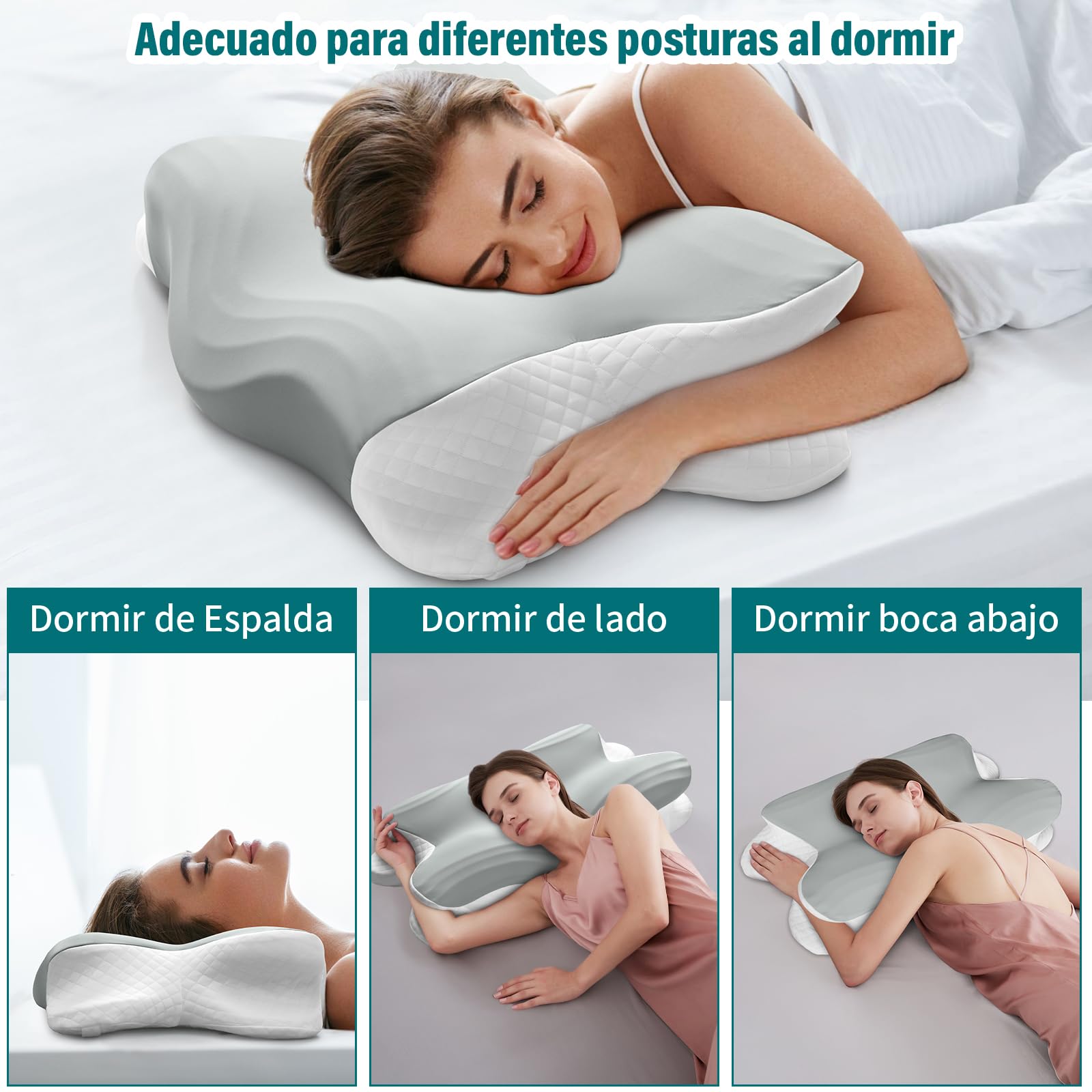 KIROGILY Almohada Cervical, Almohada Memory Foam para Aliviar el Dolor de Cuello, Almohada Ortopédica para Quienes Duermen de Lado, Boca Arriba y Boca Abajo, con Funda de Almohada (Gris)