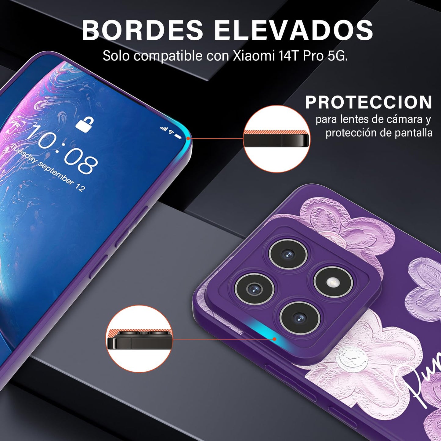 Threehao Funda para Xiaomi 14T Pro Case Uso Rudo, Ultra Delgado Flexible Morada Suave TPU Silicona Carcasa con Moda Aesthetic Dibujos Flores, Antigolpes Anti-arañazos Protectora