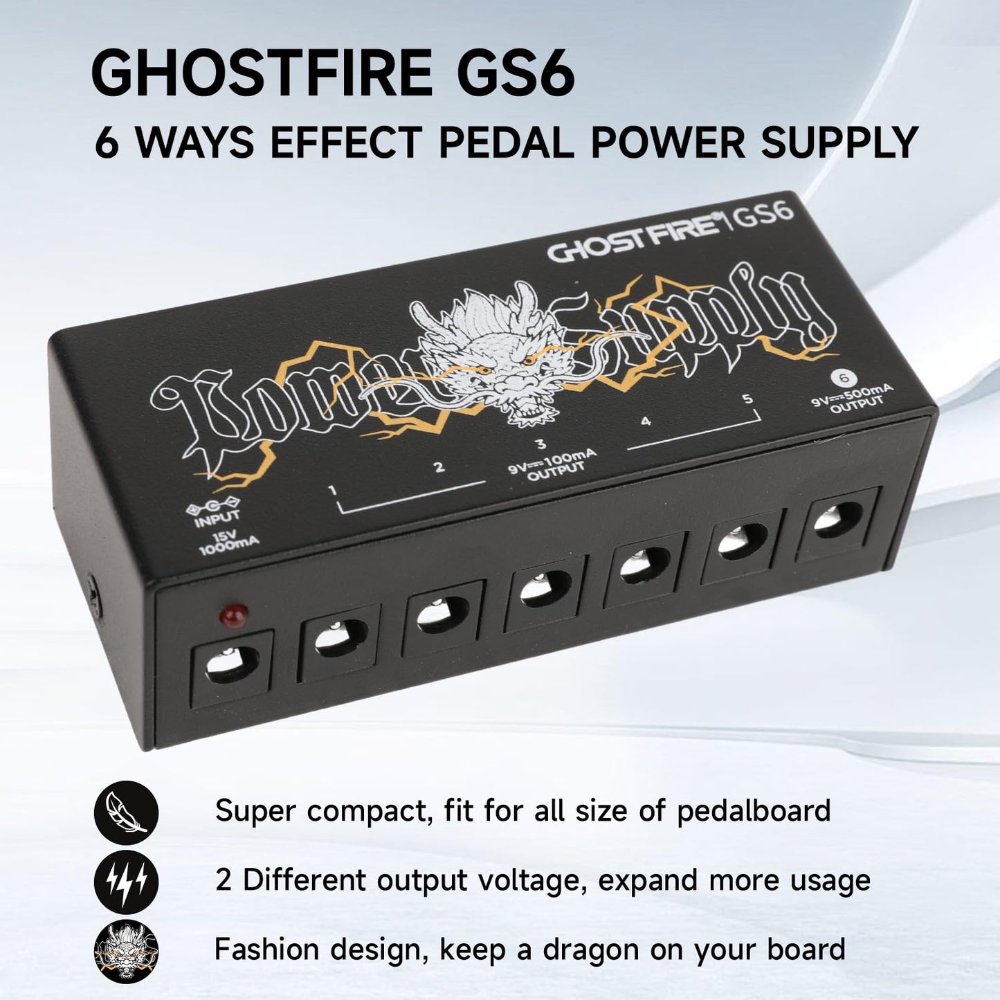 GHOSTFIRE GS6 - Fuente de alimentación compacta y negra para pedal de guitarra de alta corriente 9V/1000mA para pedales de efecto 9V/12V/18V