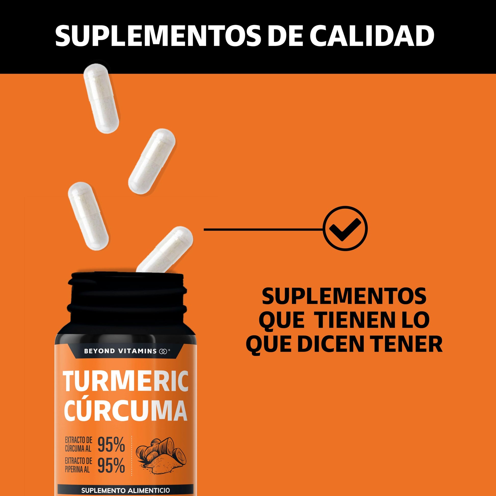 Suplemento Alimenticio Turmeric Cúrcuma con Raíz Estandarizada y Pimienta Negra Alta Potencia NON GMO